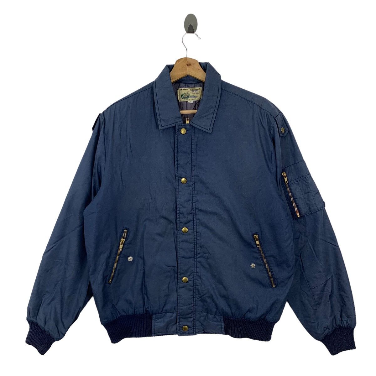 RARE VTG 1970s WRANGLER ZIP UP PADDED BOMBER JACKET RALEIGH CHOPPER NAVY SMALL