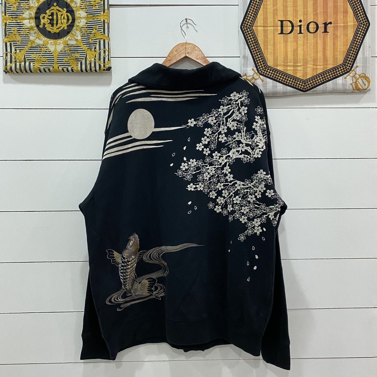image of Sukajan Souvenir Jacket Japanese Koi Karakuri Cardigan Karakuri Style in Black, Men's (Size 2XL)