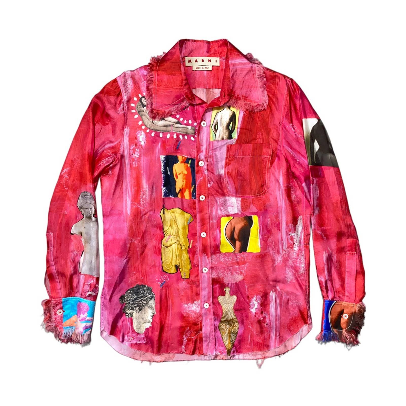 image of Marni $1,990 Ss19 Nude Sculpture Collage Silk Shirt in Red, Men's (Size Small)