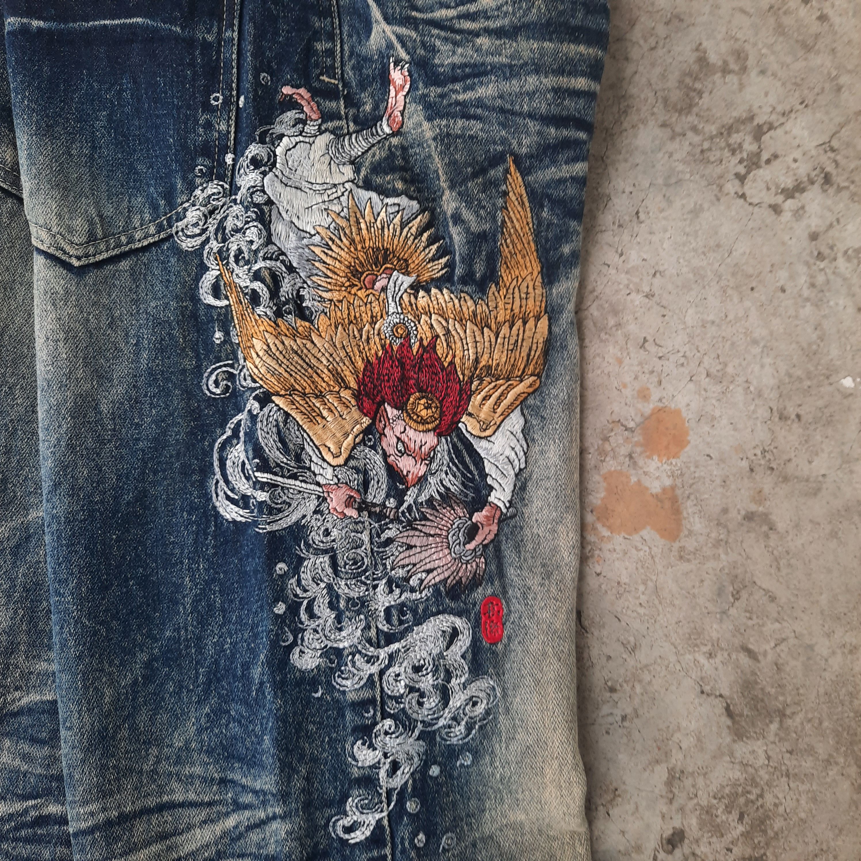 Japanese Brand Big Train Embroidery Sukajan Distressed Denim Size US 30 / EU 46 - 2 Thumbnail