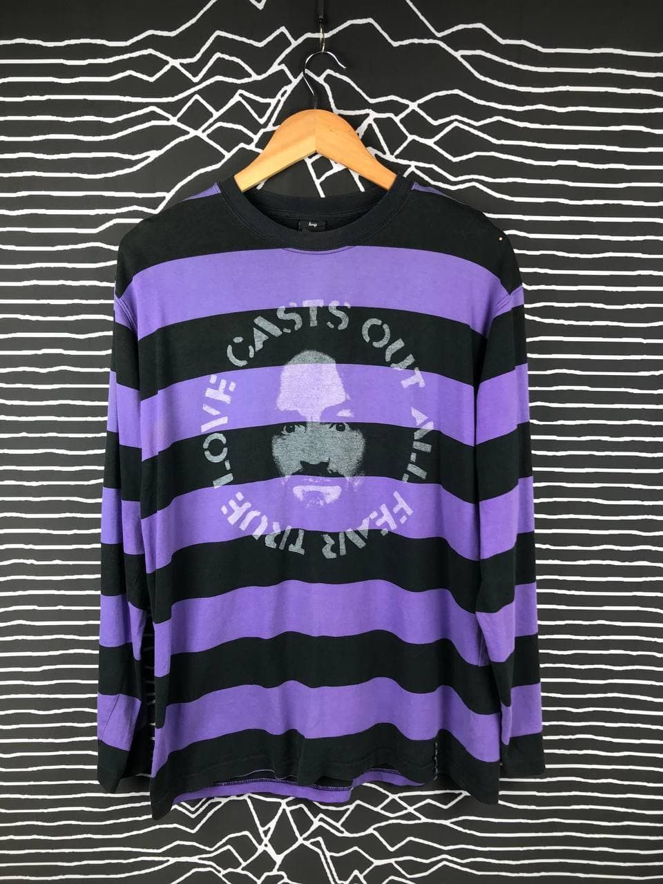 image of VTG Charles Manson X Montage Stripe Tee in Black/Purple, Men's (Size Large)