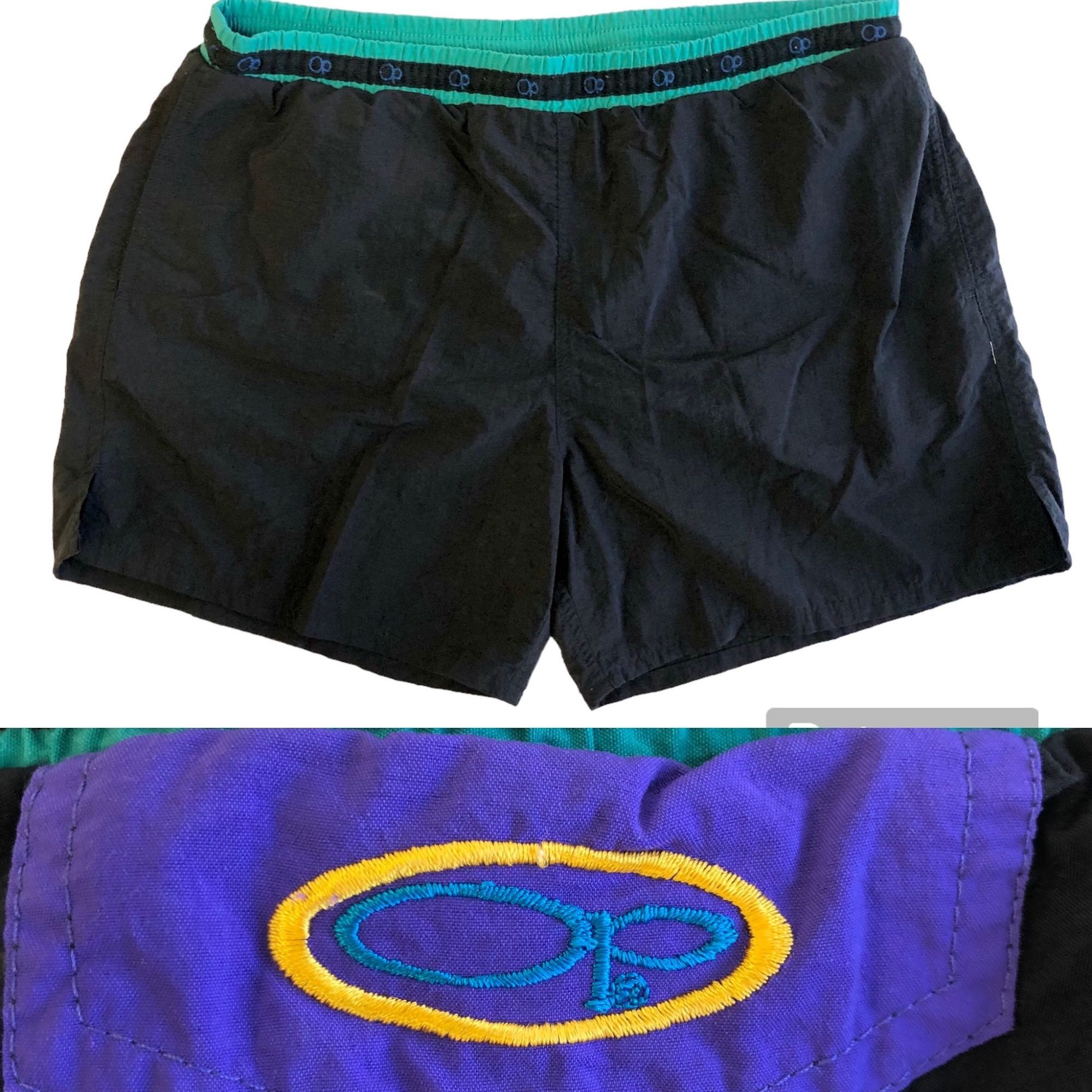 80 s OP Ocean Pacific Swim Shorts LOGO Trim SURFER Trunks M Bottoms