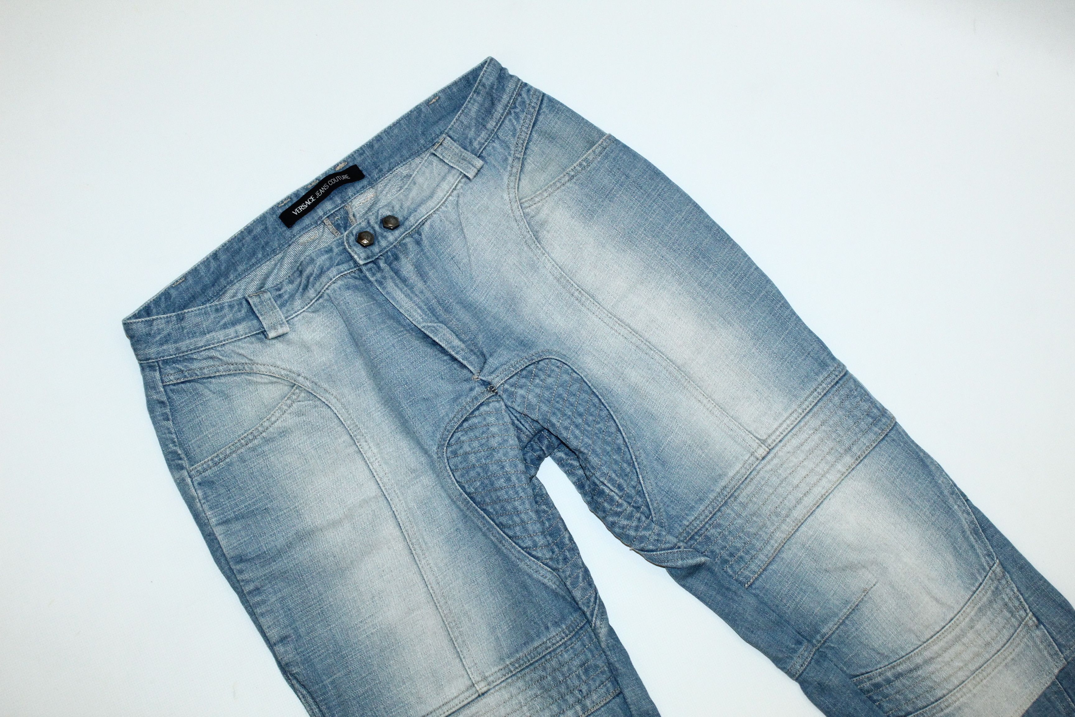 Versace Double Knee Stonewash Faded Blue Denim Biker Jeans