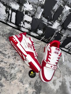 Louis Vuitton Red & White Strap LV Trainer Sneakers worn by Lil