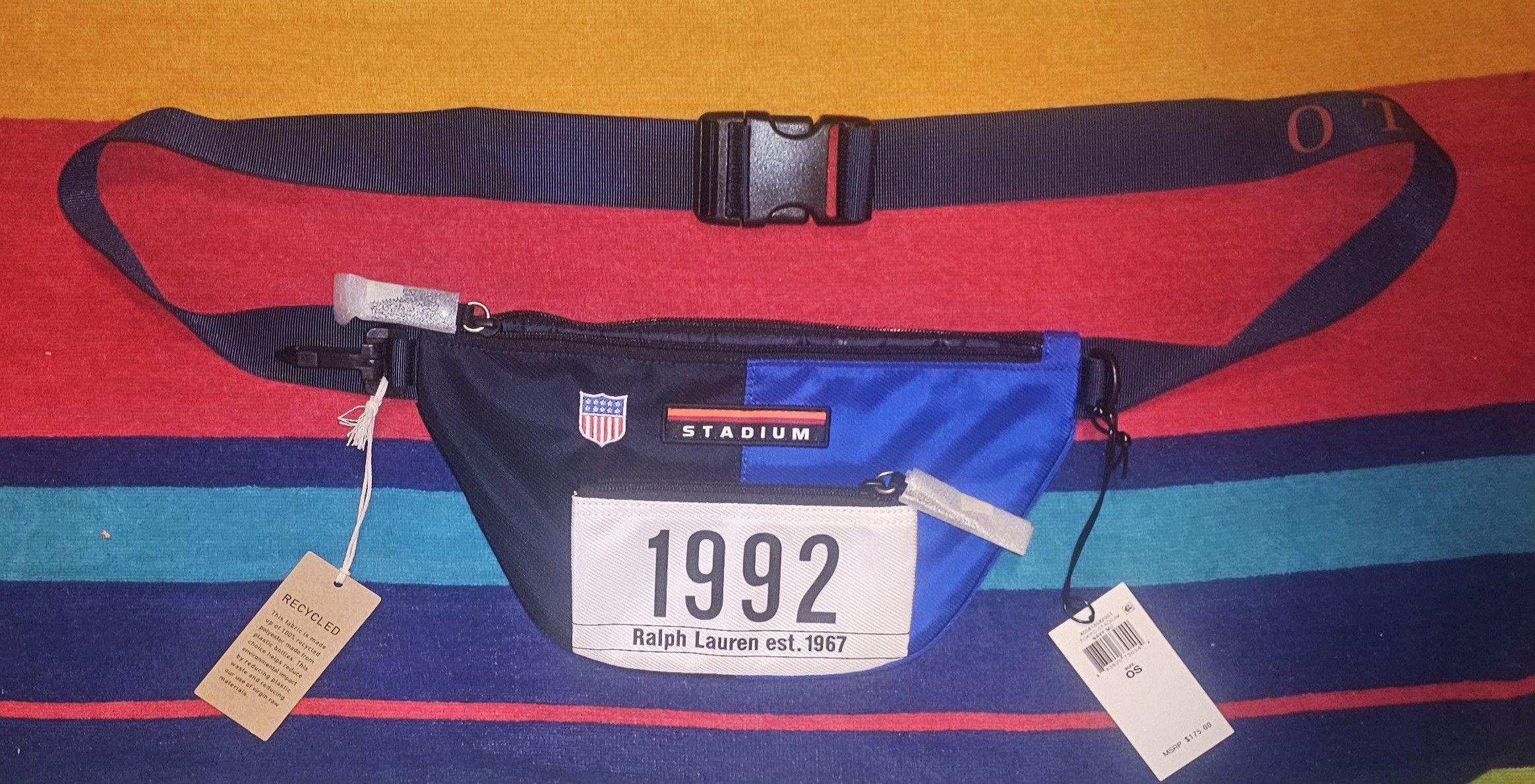 image of Polo Ralph Laurent 1992 Japan Stadium Belt Fanny Bag in Black/White/Blue, Men's