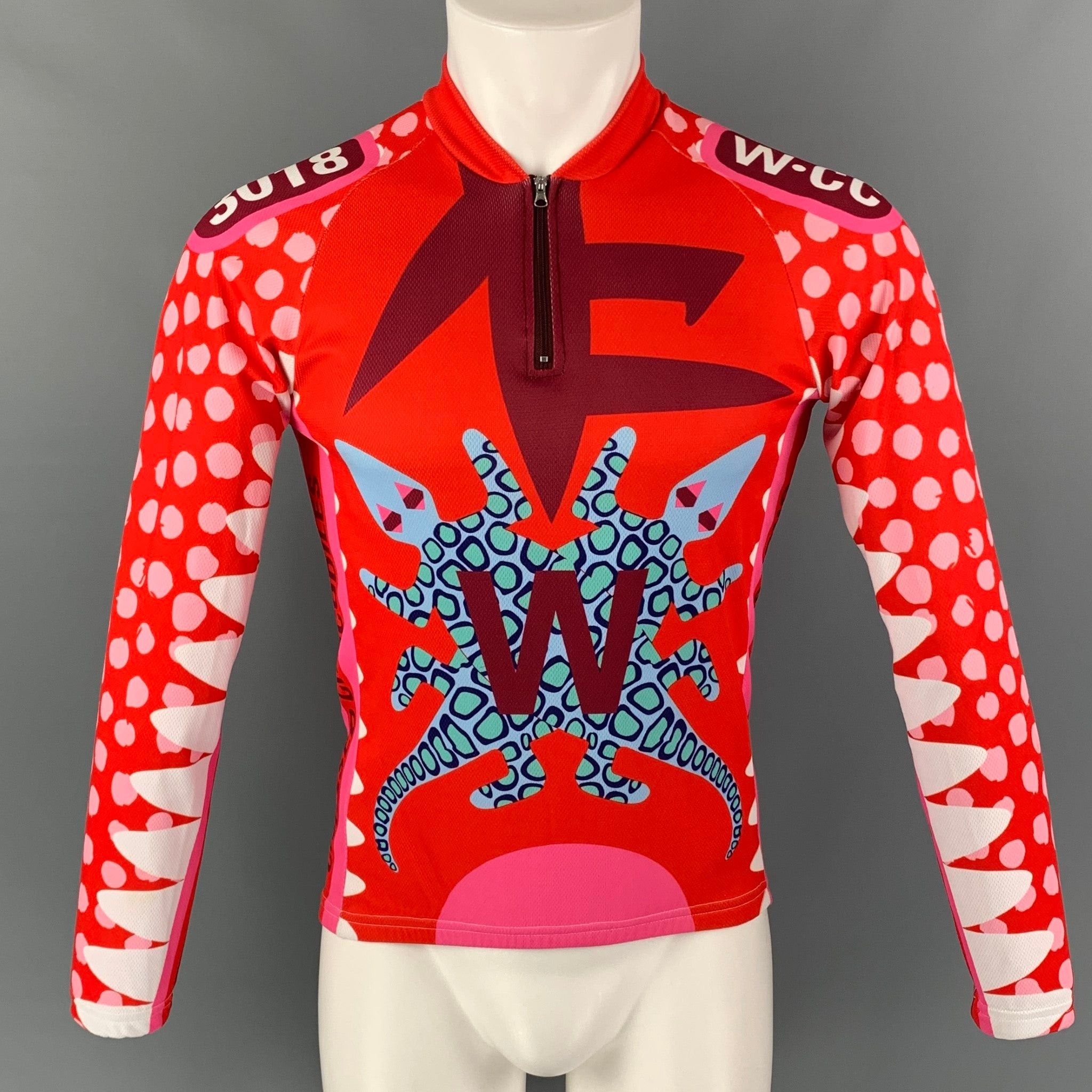 image of Walter Van Beirendonck Fw14 Red Pink Graphic Nylon Jersey Bike Top, Men's (Size Small)