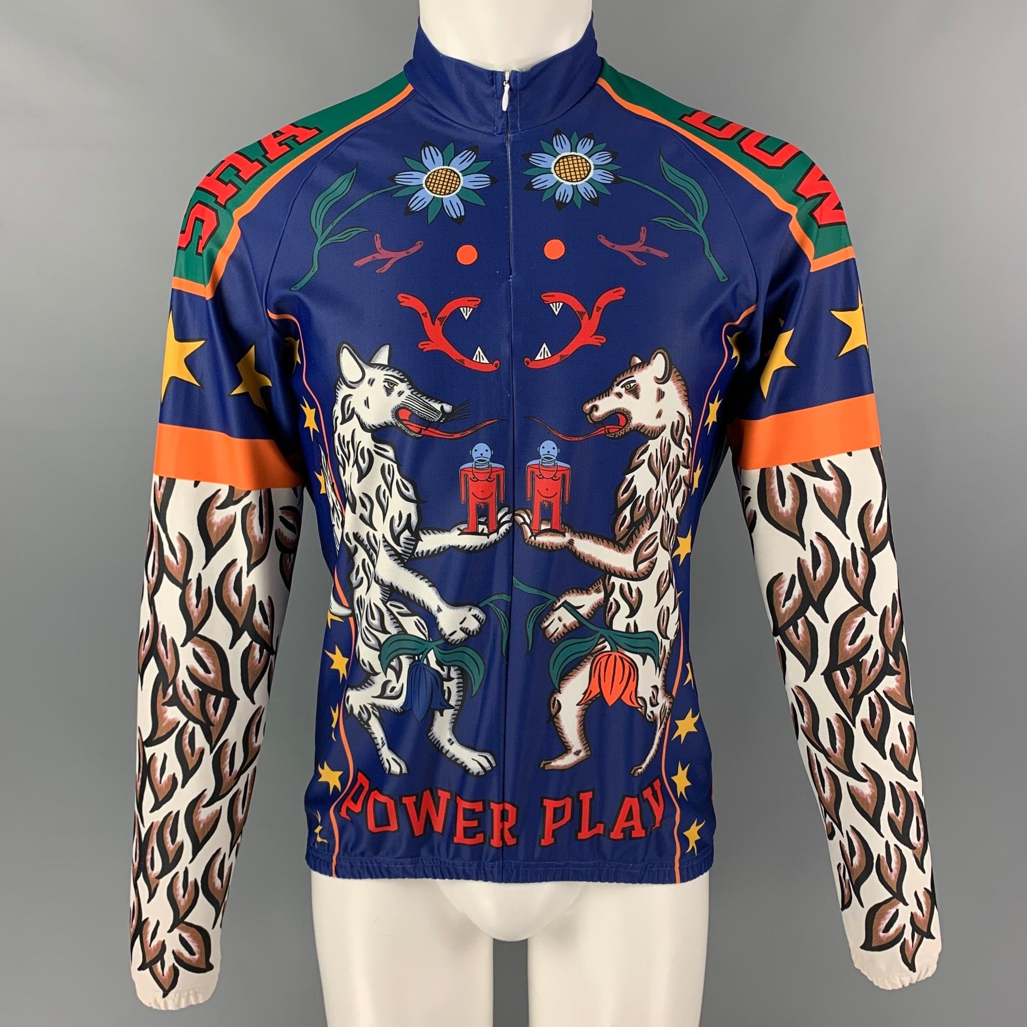 image of Walter Van Beirendonck Fw17 Blue Graphic Nylon Jersey Bike Top, Men's (Size Large)