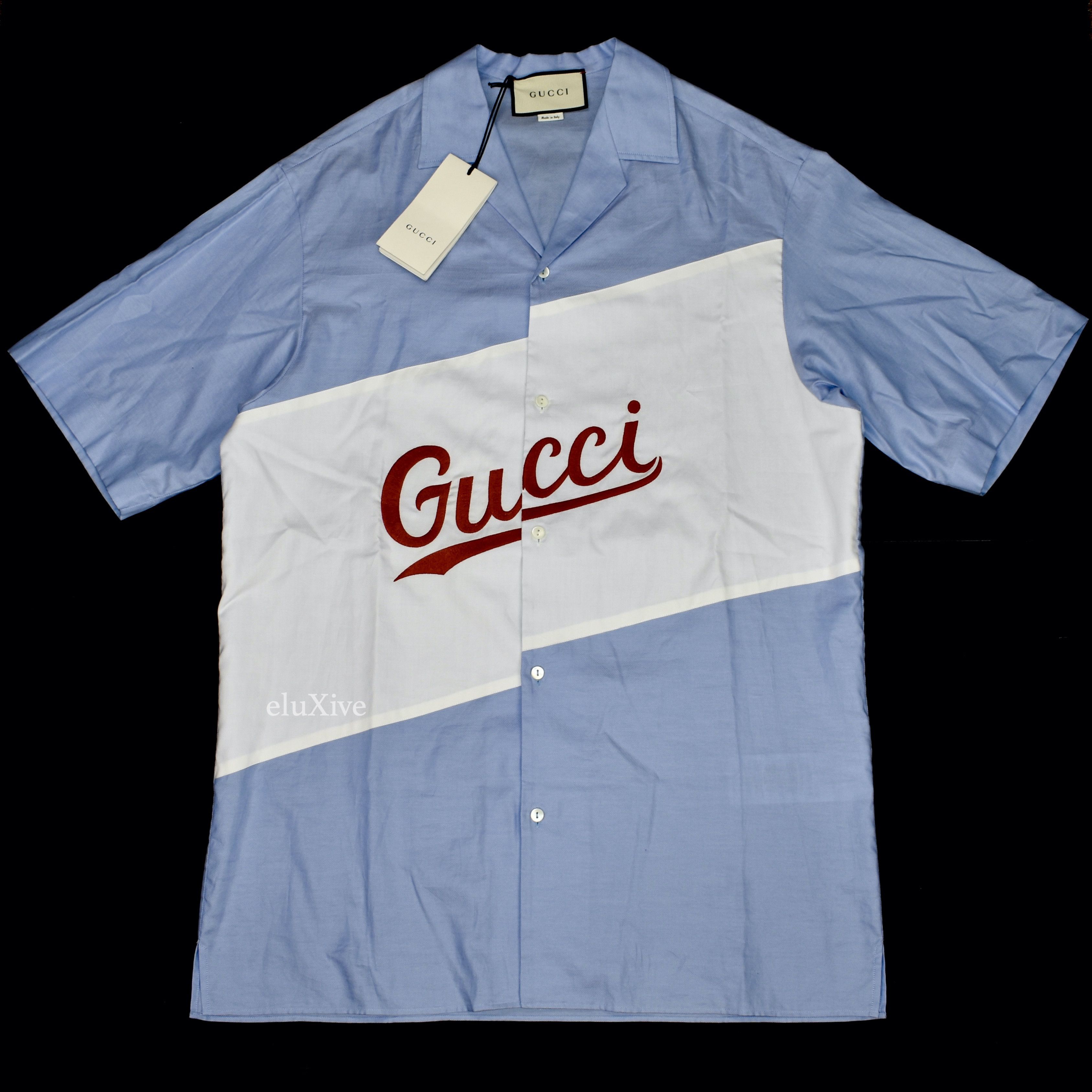 image of Gucci Blue Script Logo Oversized Bowling Shirt 46 Nwt, Men's (Size Small)