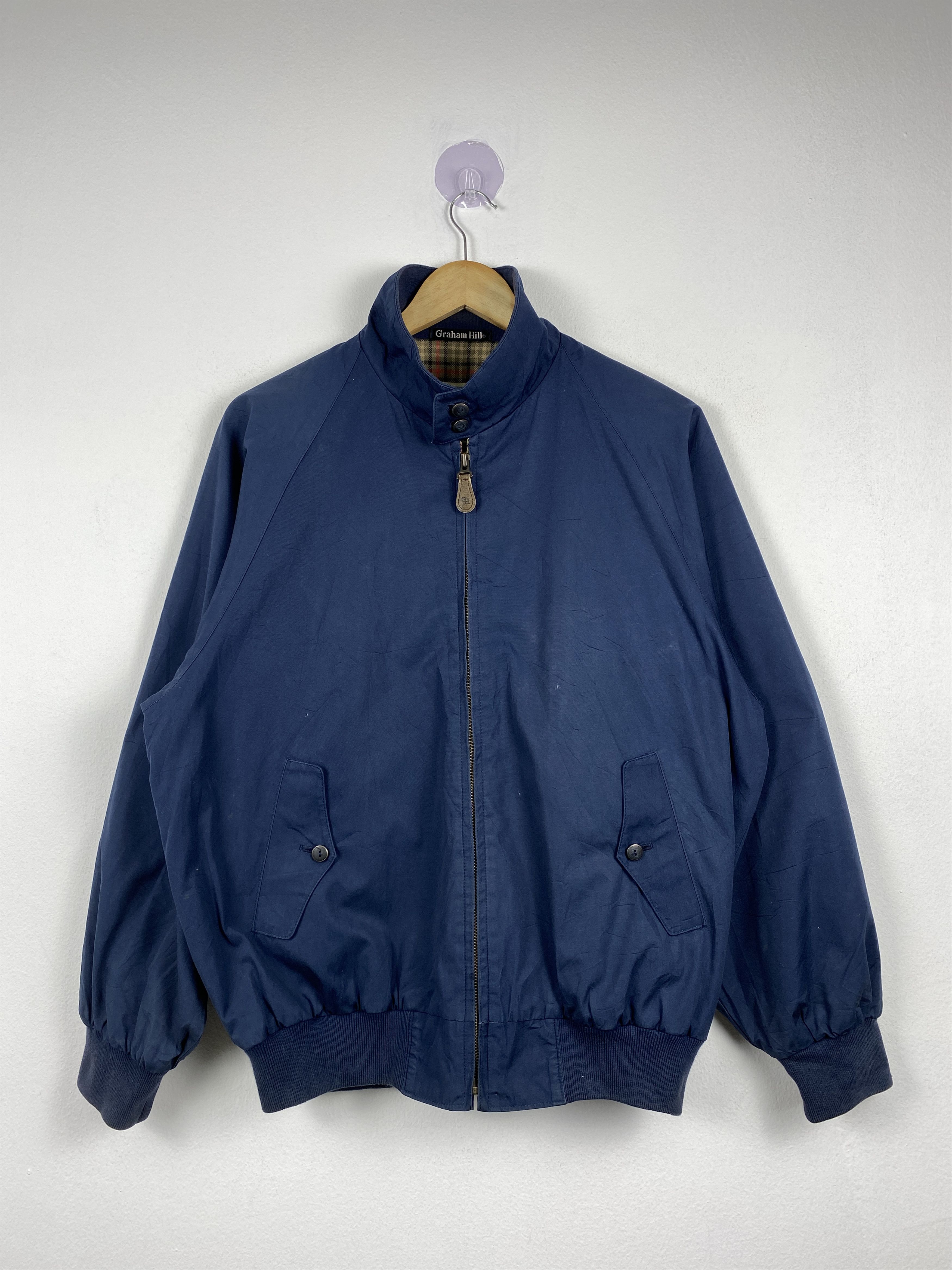 image of Vintage Graham Hill Checkered Pattern Lining Zip Up Jacket in Dark Blue, Men's (Size Medium)