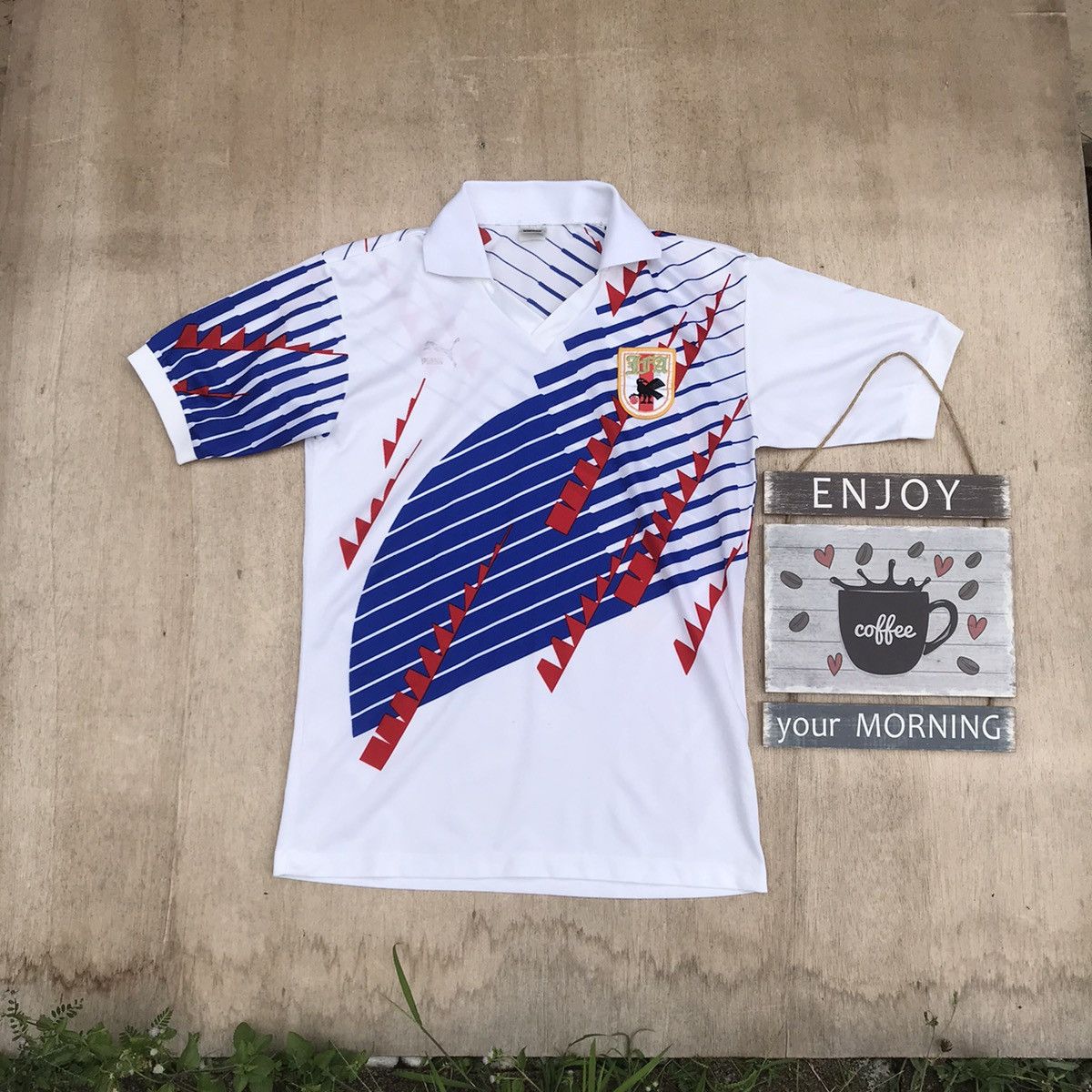 image of Soccer Jersey Vintage Japan Jfa Jersey Flame Stripe By Puma in White, Men's (Size Medium)