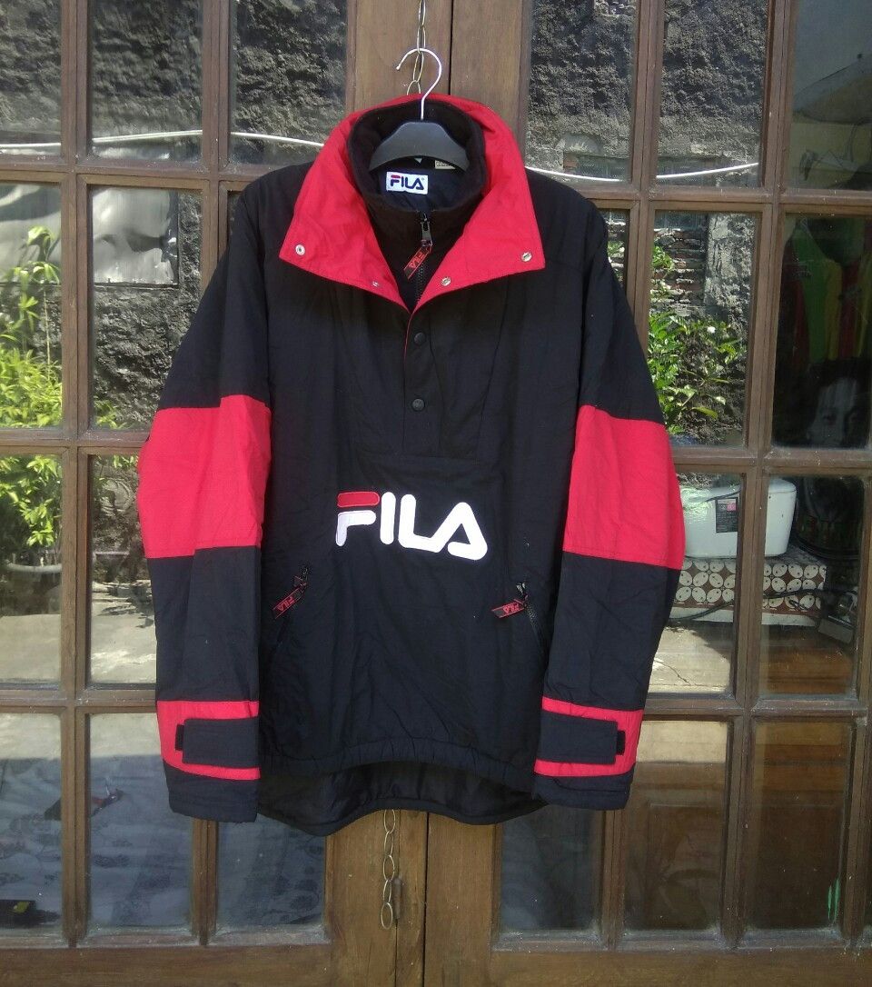 90s FILA Big Logo Anorak Jacket Half Button Red Black