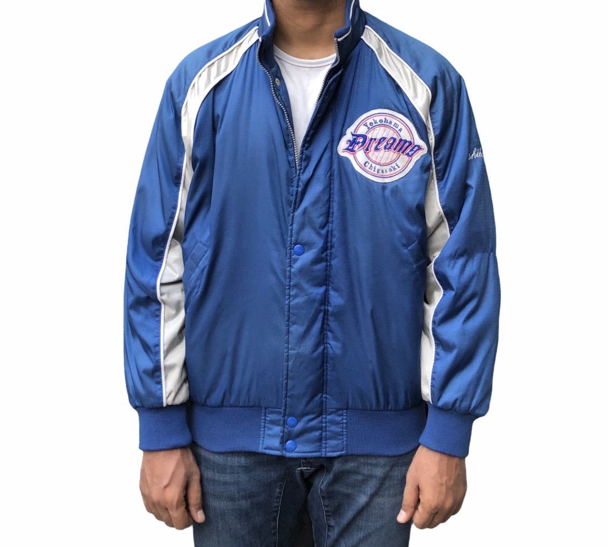 image of Mlb x Vintage Rawlings Baseball Coat Yokohama Dreams Varsity Jacket in Blue, Men's (Size Large)