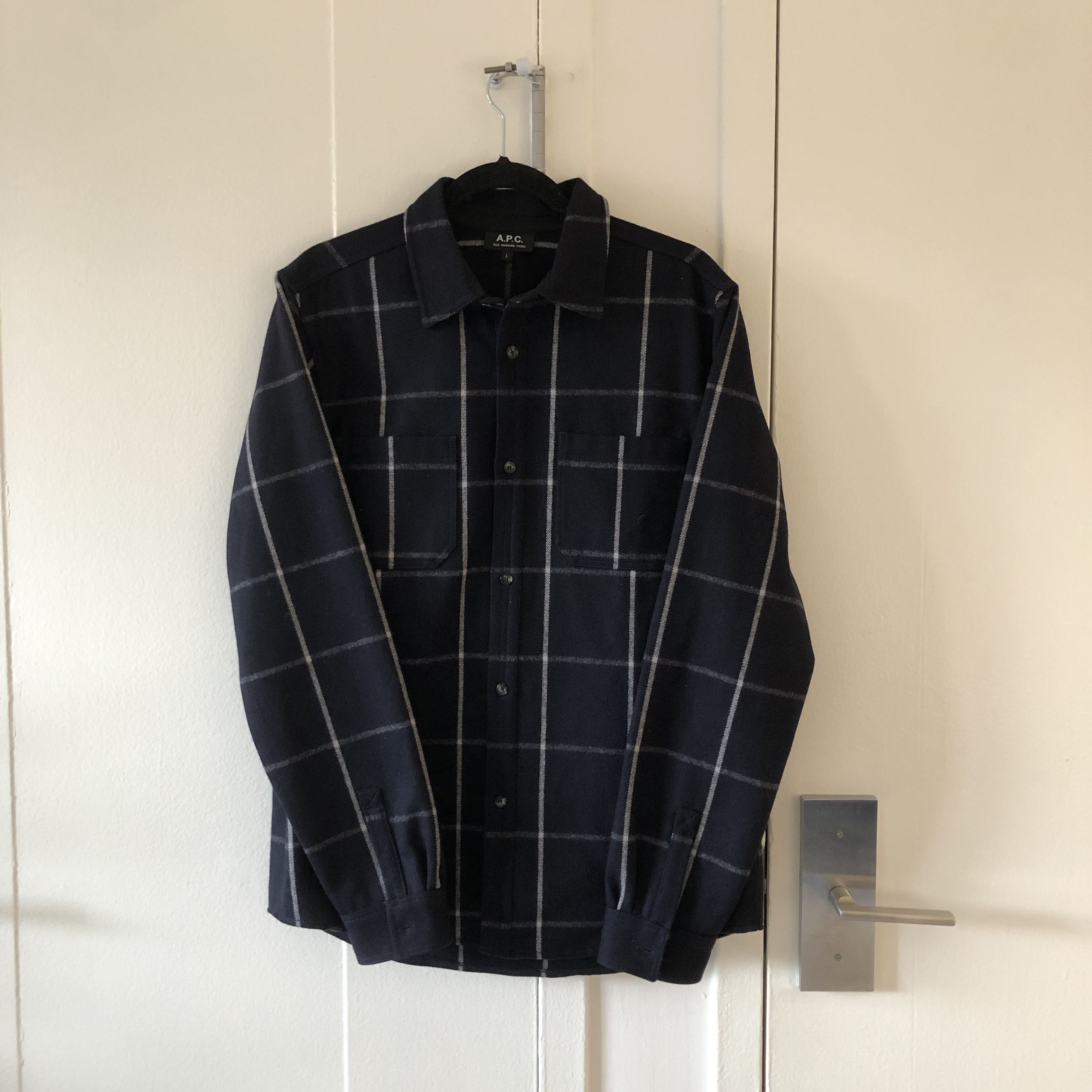 image of A P C Plaid Wool Overshirt in Navy, Men's (Size Large)