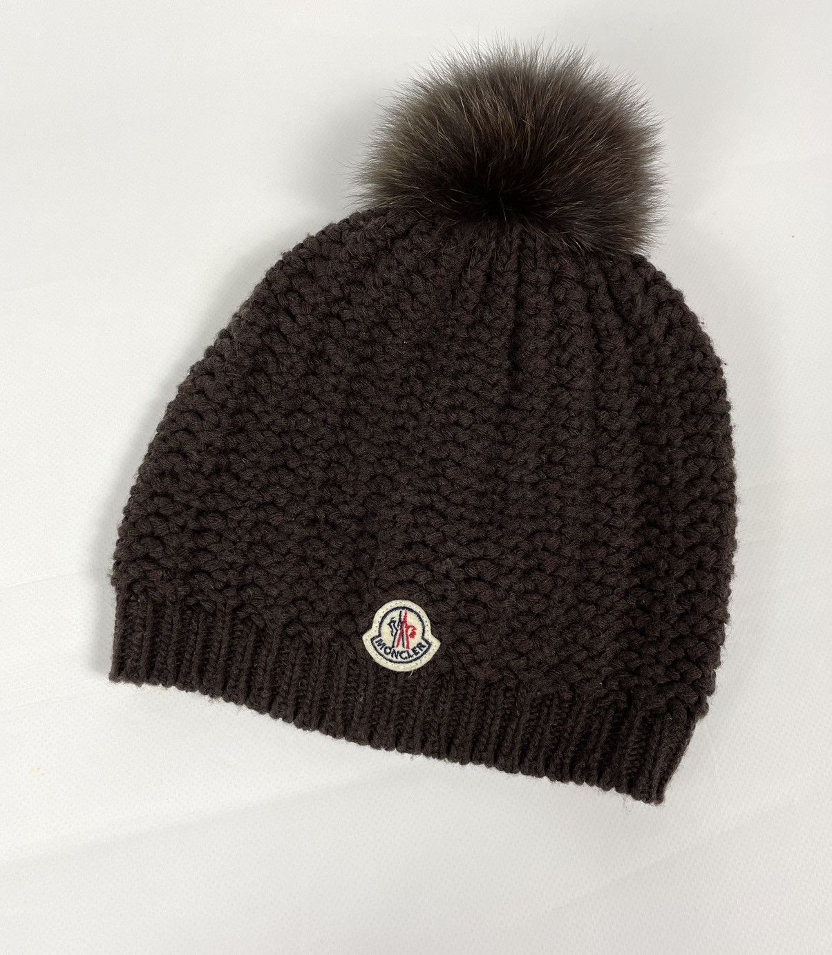 image of Cashmere Wool Moncler Cashmere & Wool Fur Pompon Knit Winter Brown Hat, Men's
