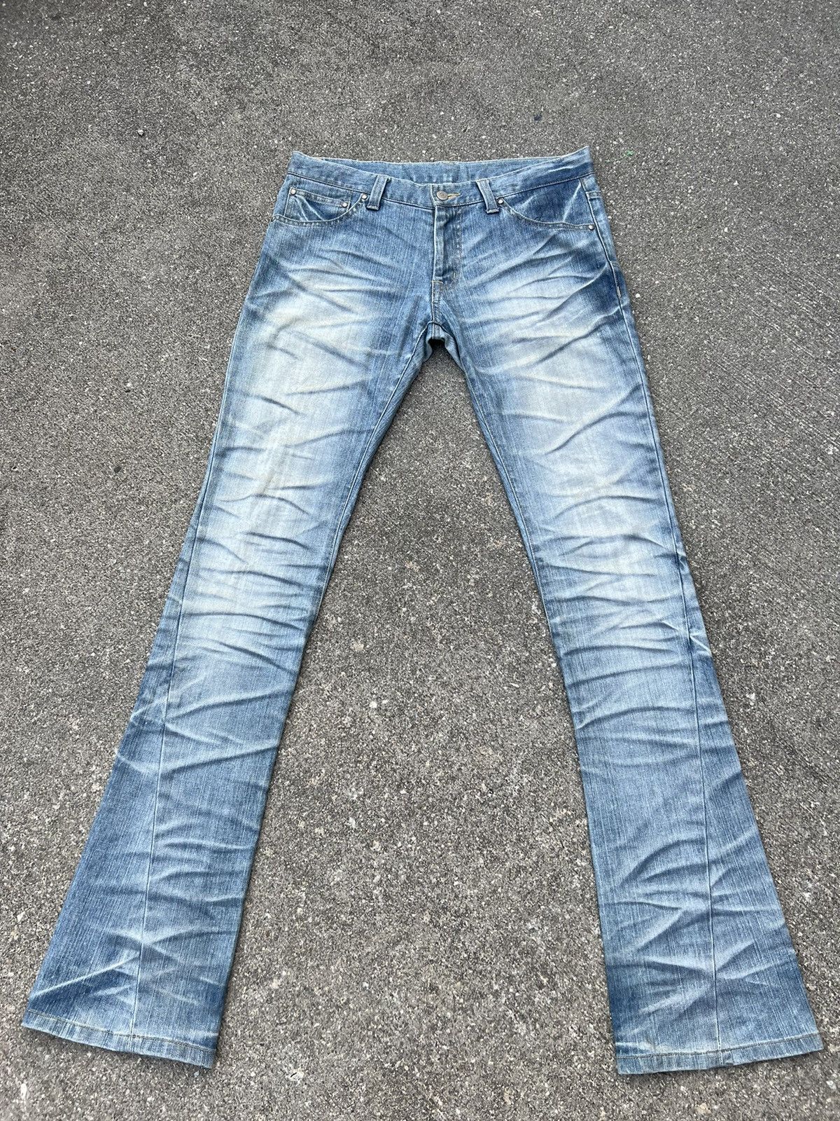 image of Tornado Mart Japan x Vintage VTG Tornado Mart Stretch Fade Light Blue Denim Flare Jeans (Size 32)