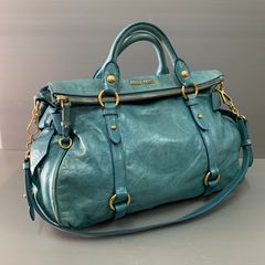 Miu Miu Blue Leather Vitello Lux Leather Bow Top Handle Bag Miu