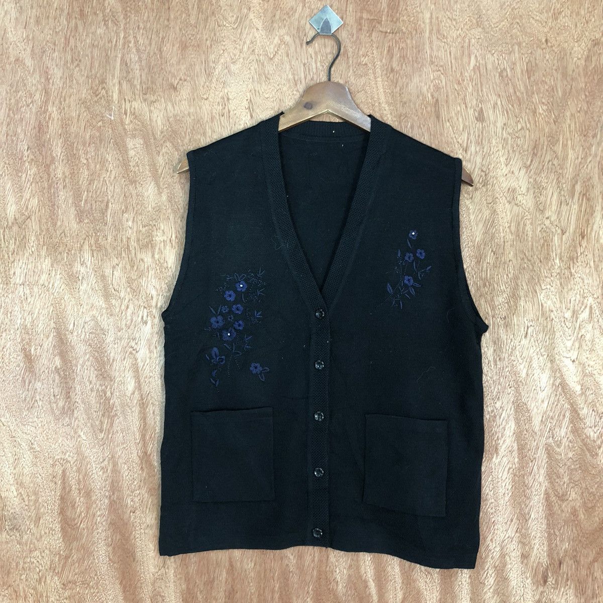 Homespun Knitwear Art embroidered Japan Black Vest cardigan knitwear #c858 Size US S / EU 44-46 / 1 - 3 Thumbnail