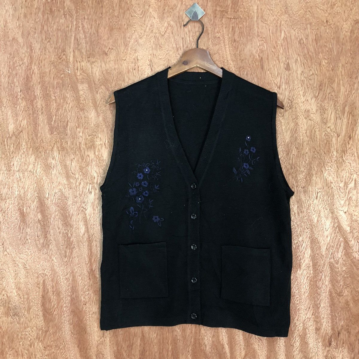 Homespun Knitwear Art embroidered Japan Black Vest cardigan knitwear #c858 Size US S / EU 44-46 / 1 - 6 Thumbnail