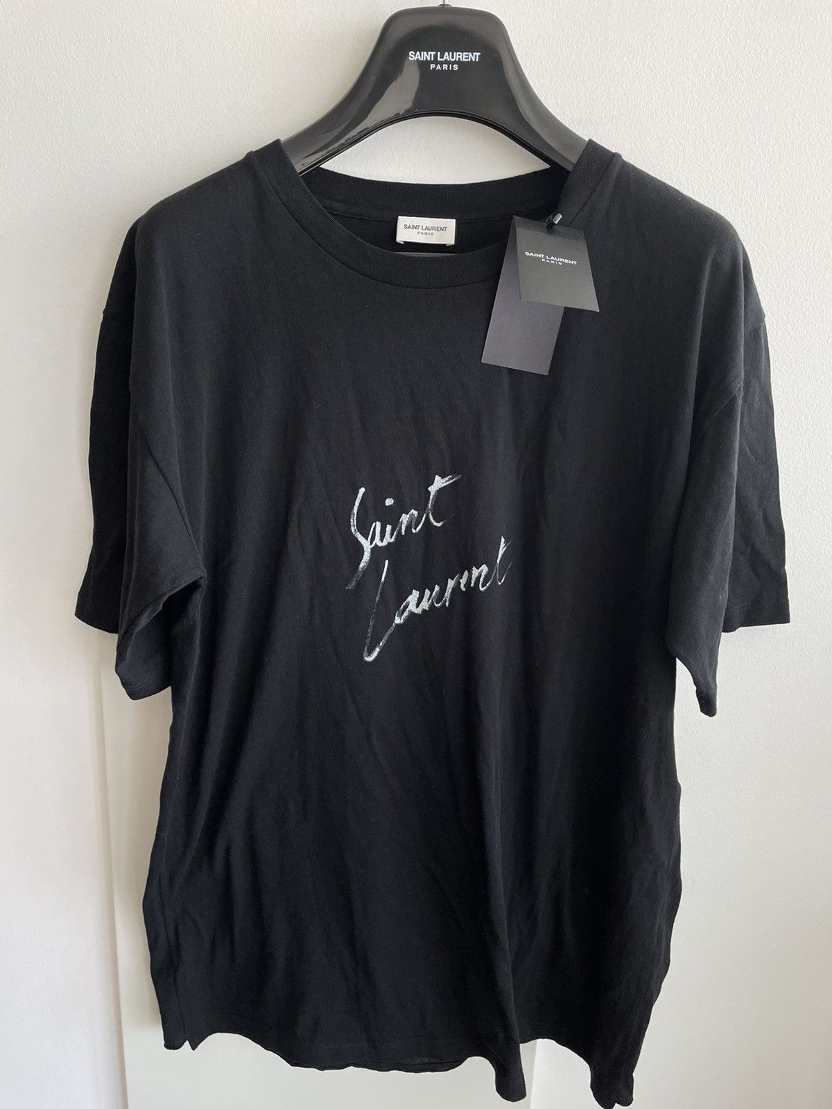 image of Hedi Slimane x Saint Laurent Paris Superrunway Sl Logo Distressed Tee Limited Edition in Black (Siz