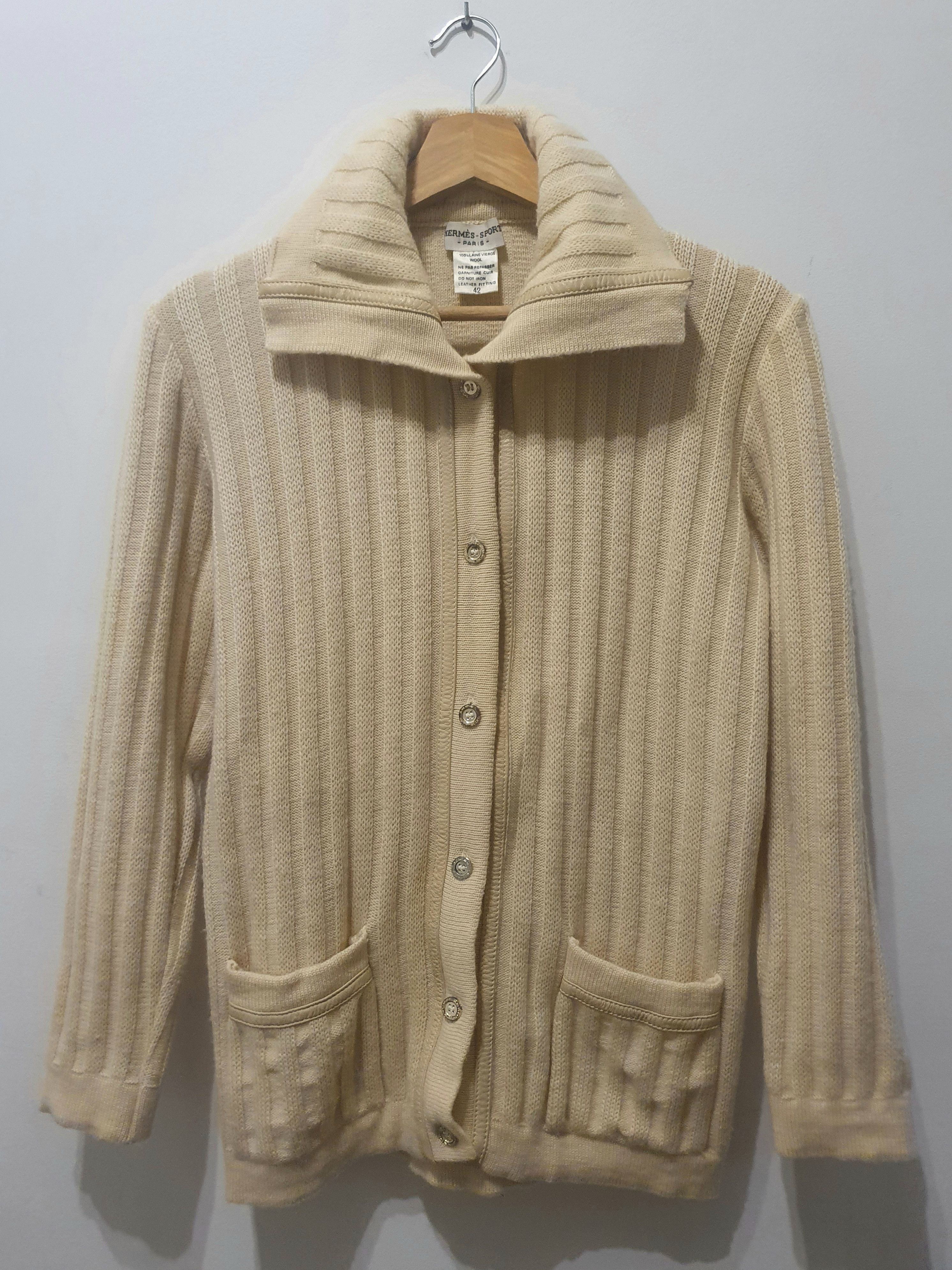 Hermes Vintage hermes sport wool ribbed cardigan with leather trim Size M / US 6-8 / IT 42-44 - 1 Thumbnail