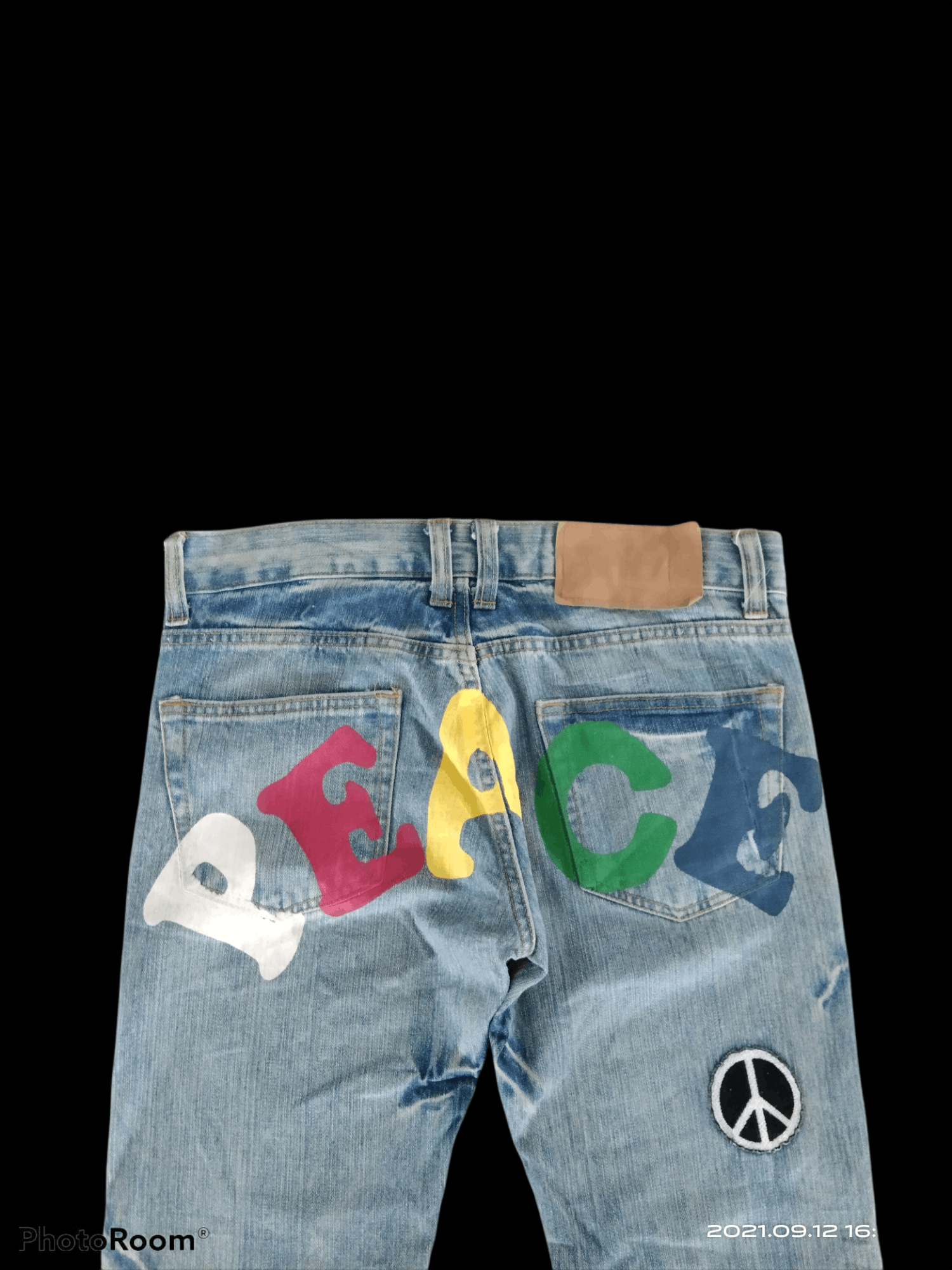 Art Comes First WASHED BLUE RASTA PEACE DENIM PANTS Size US 31 - 6 Thumbnail