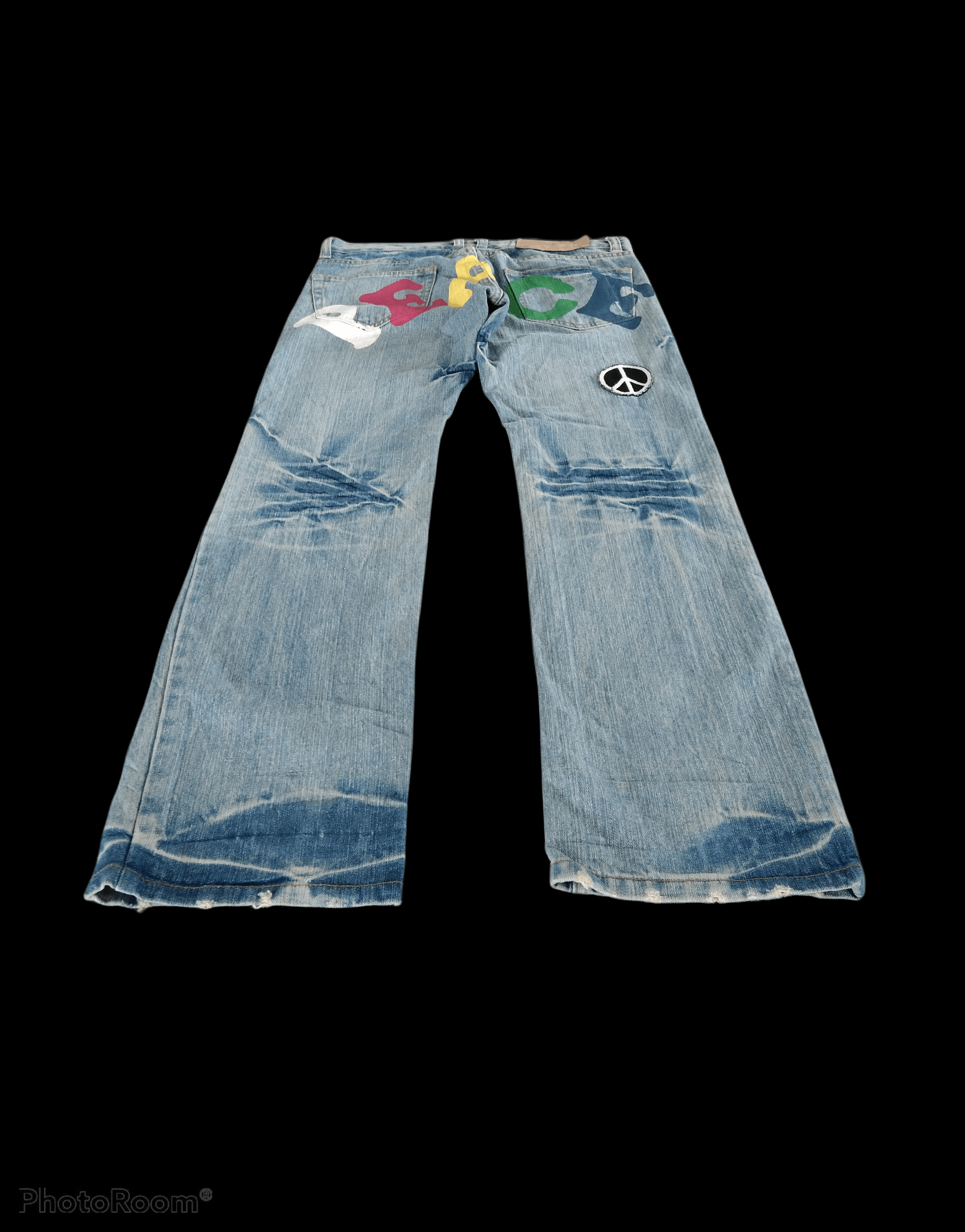 Art Comes First WASHED BLUE RASTA PEACE DENIM PANTS Size US 31 - 4 Thumbnail