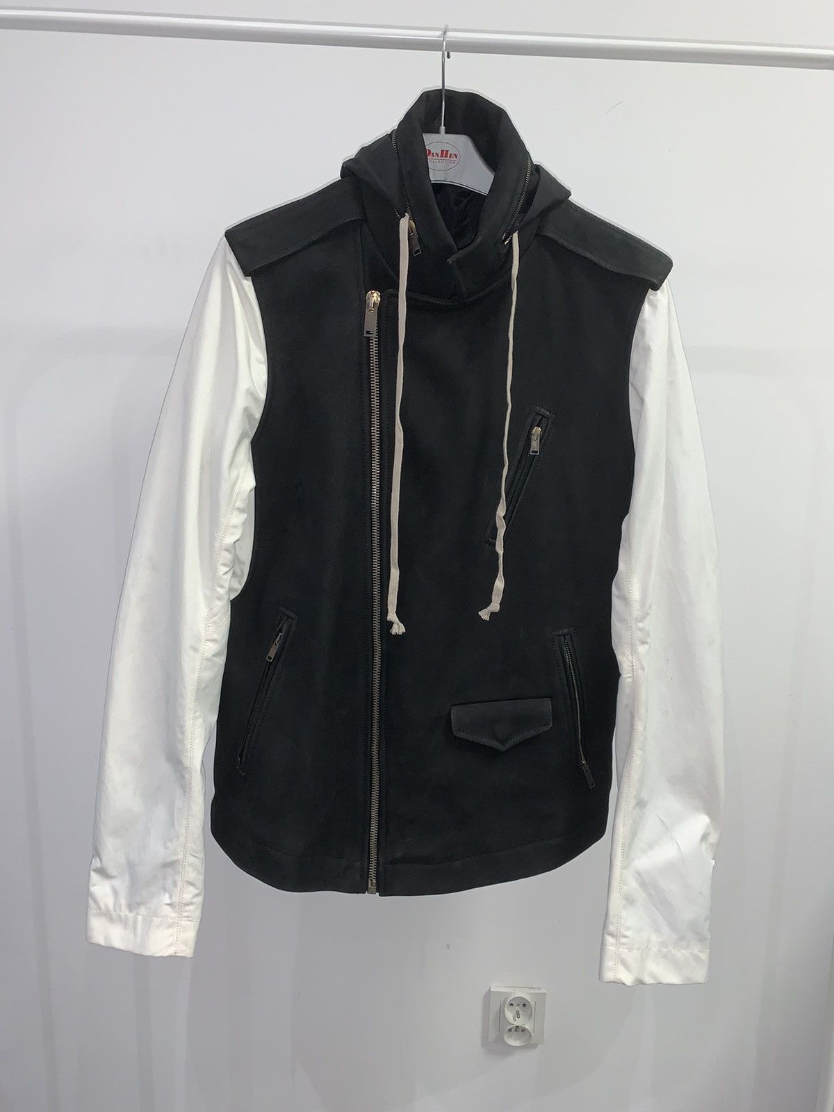 image of Rick Owens Fw13 Plinth Stooges Secret Hood Biker Leather Jacket in Black White, Men's (Size Large)