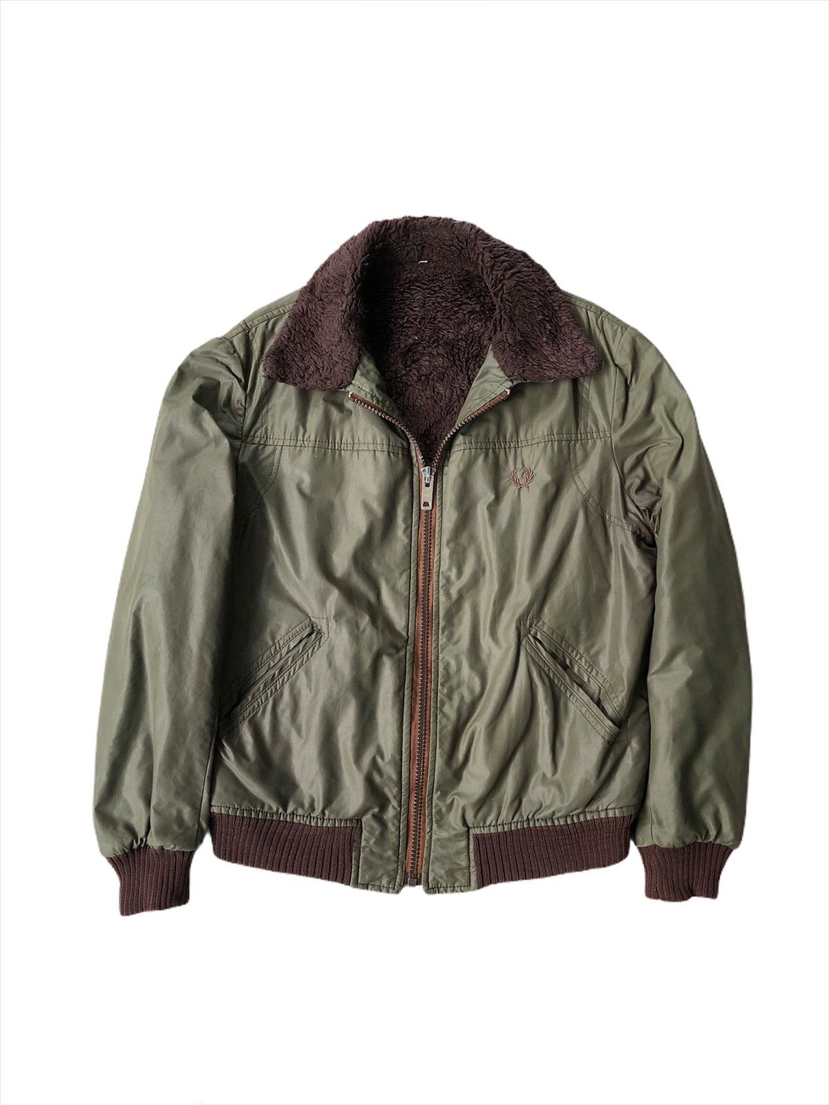 image of Fred Perry x Vintage 1990S Fp Sportswear Logo Fur Lining Jacket in Mud Grey, Men's (Size Medium)