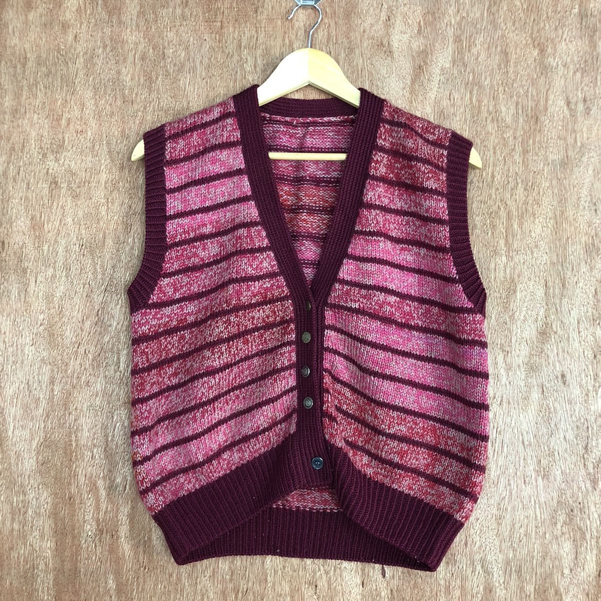 Homespun Knitwear DL Japan Brand Stripe Maroon Knit Vest #6041 Size US S / EU 44-46 / 1 - 3 Thumbnail