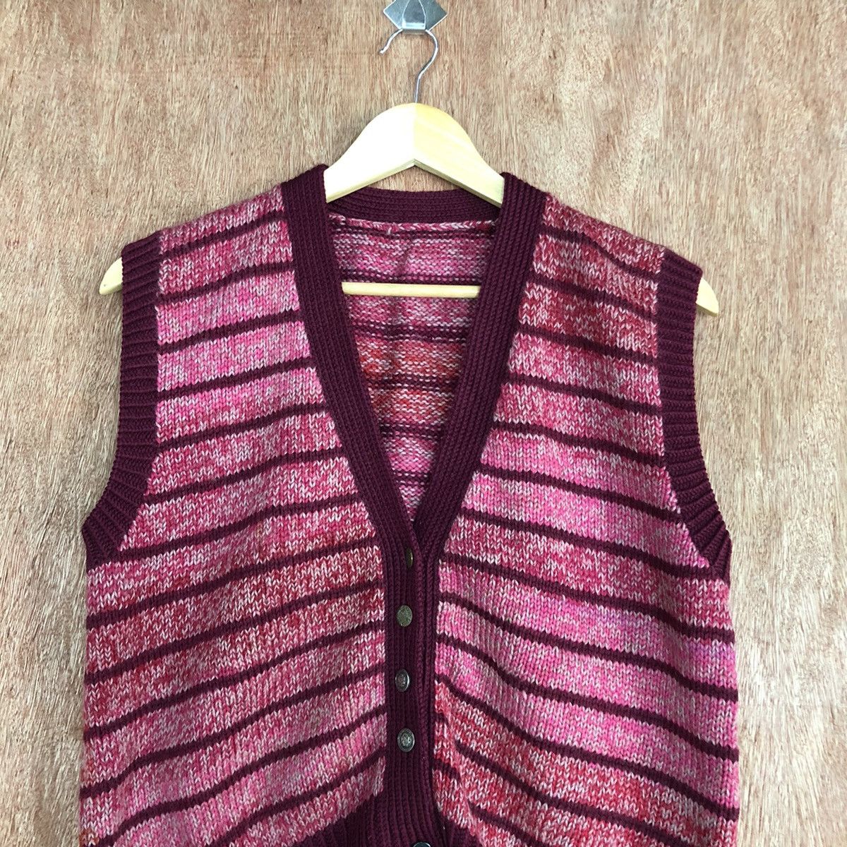 Homespun Knitwear DL Japan Brand Stripe Maroon Knit Vest #6041 Size US S / EU 44-46 / 1 - 2 Thumbnail