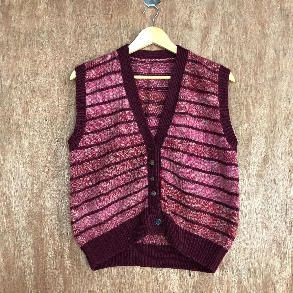 Homespun Knitwear DL Japan Brand Stripe Maroon Knit Vest #6041 Size US S / EU 44-46 / 1 - 1 Thumbnail