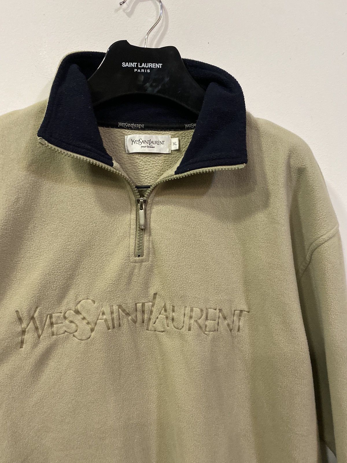 Yves Saint Laurent Fleece Beige YSL Sweatshirt 1/4 Quarter Zip Big Logo Vintage Size US XL / EU 56 / 4 - 1 Thumbnail