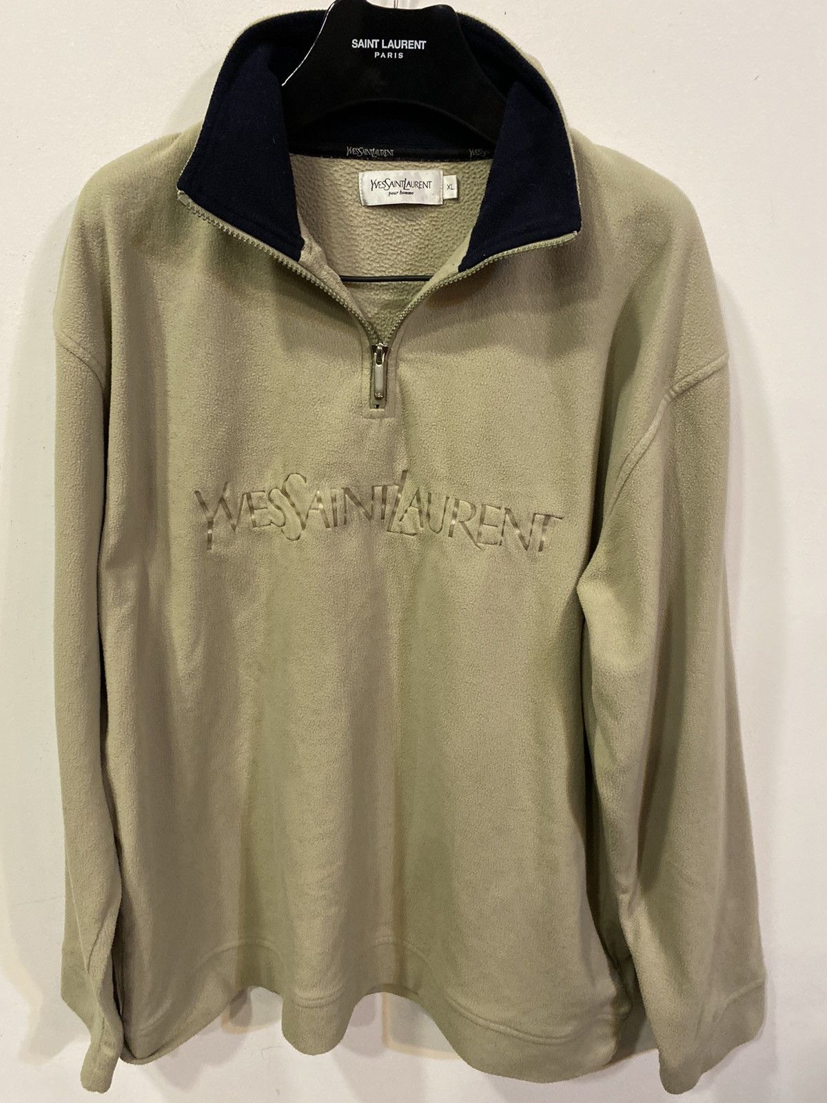 Yves Saint Laurent Fleece Beige YSL Sweatshirt 1/4 Quarter Zip Big Logo Vintage Size US XL / EU 56 / 4 - 17 Thumbnail
