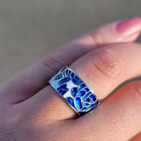 Jewelry Classic Epoxy Enamel Blue Flower Ring Size ONE SIZE - 3 Thumbnail