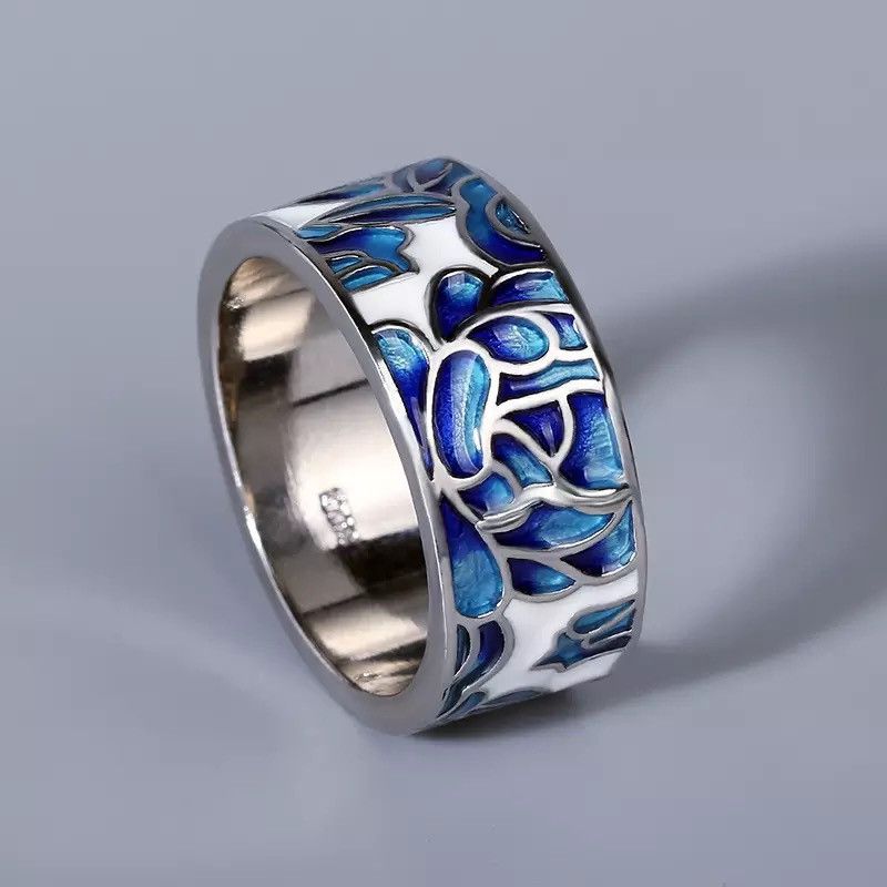 Jewelry Classic Epoxy Enamel Blue Flower Ring Size ONE SIZE - 1 Thumbnail