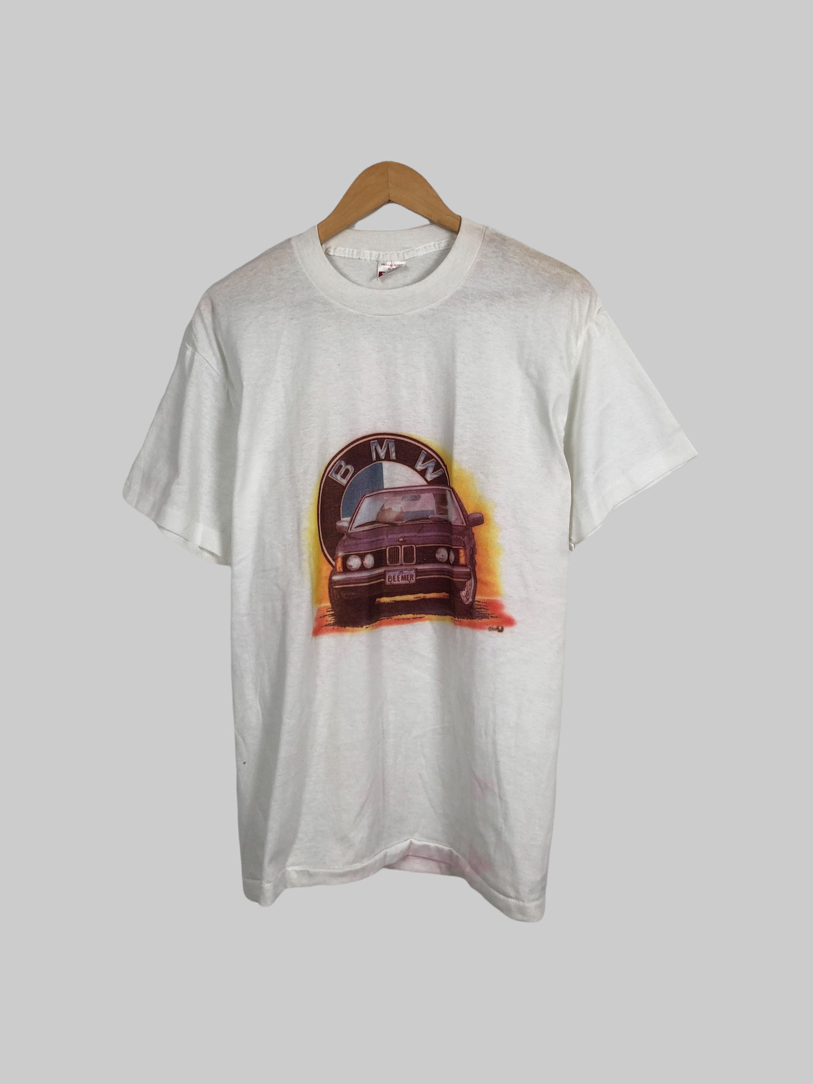 image of Vintage 80's Bmw E21 Beemer Promo T-Shirt (Mercedes Benz) in White, Men's (Size Large)