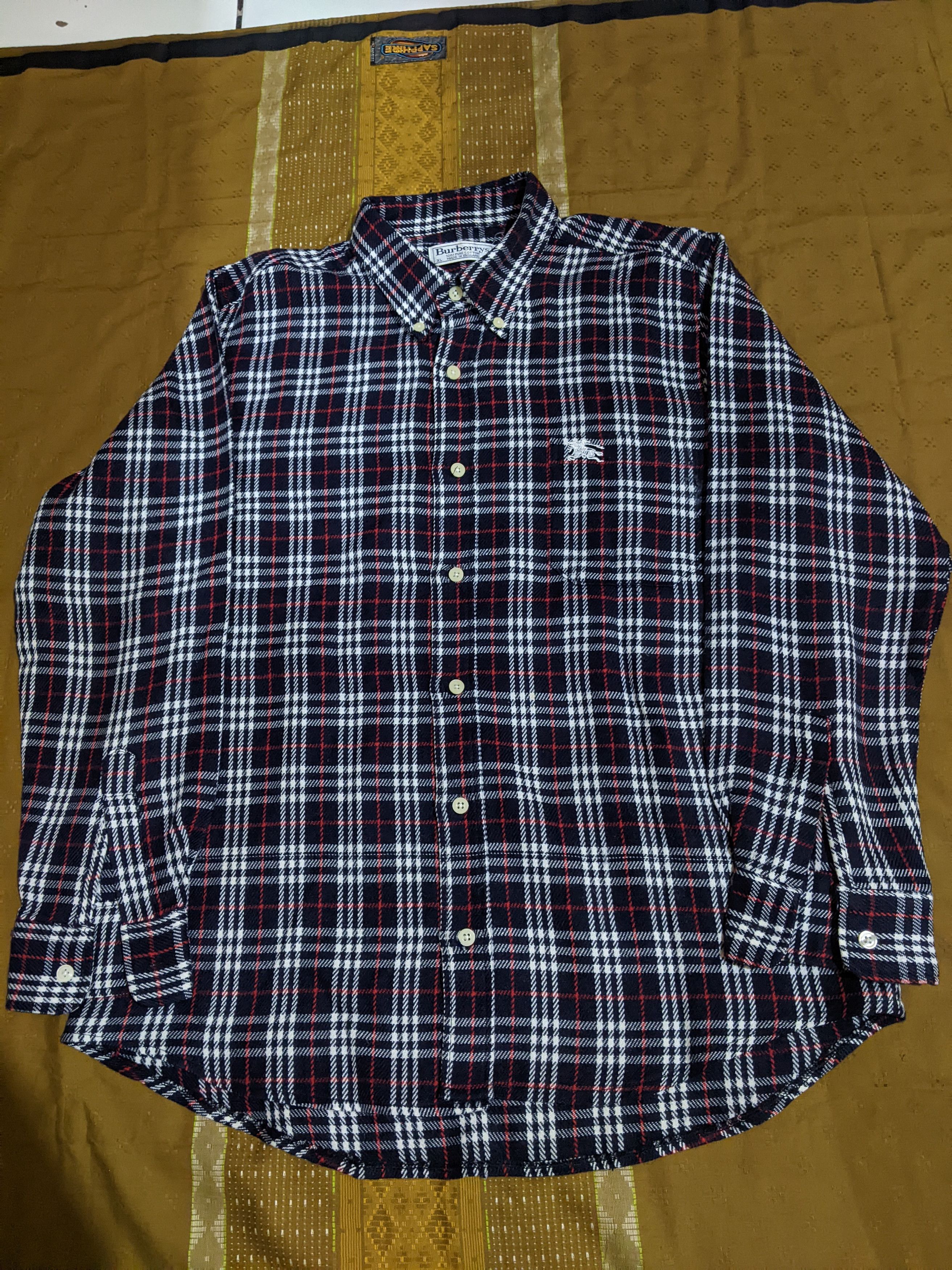 image of Burberrys Men's Long Sleeve Plaid Flannel Shirt in Navy/Red/White (Size XL)