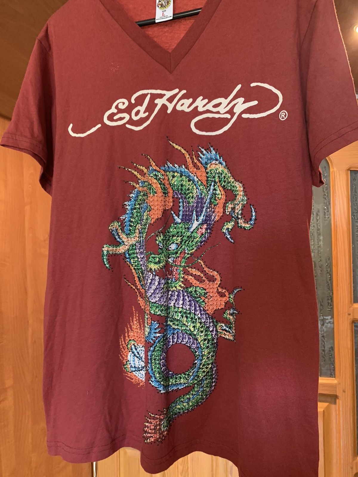 Ed Hardy EdHardy vintage red t-shirt, logo with sequins Size US L / EU 52-54 / 3 - 3 Thumbnail