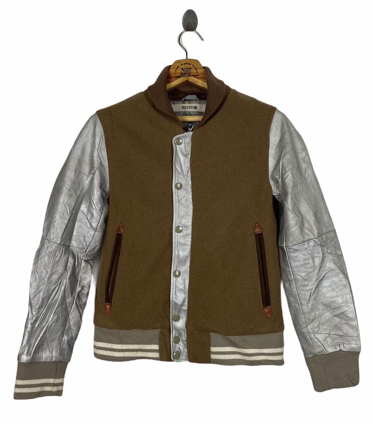 image of Varsity Jacket Leather Sleeve By Factotum in Brown, Men's (Size Medium)