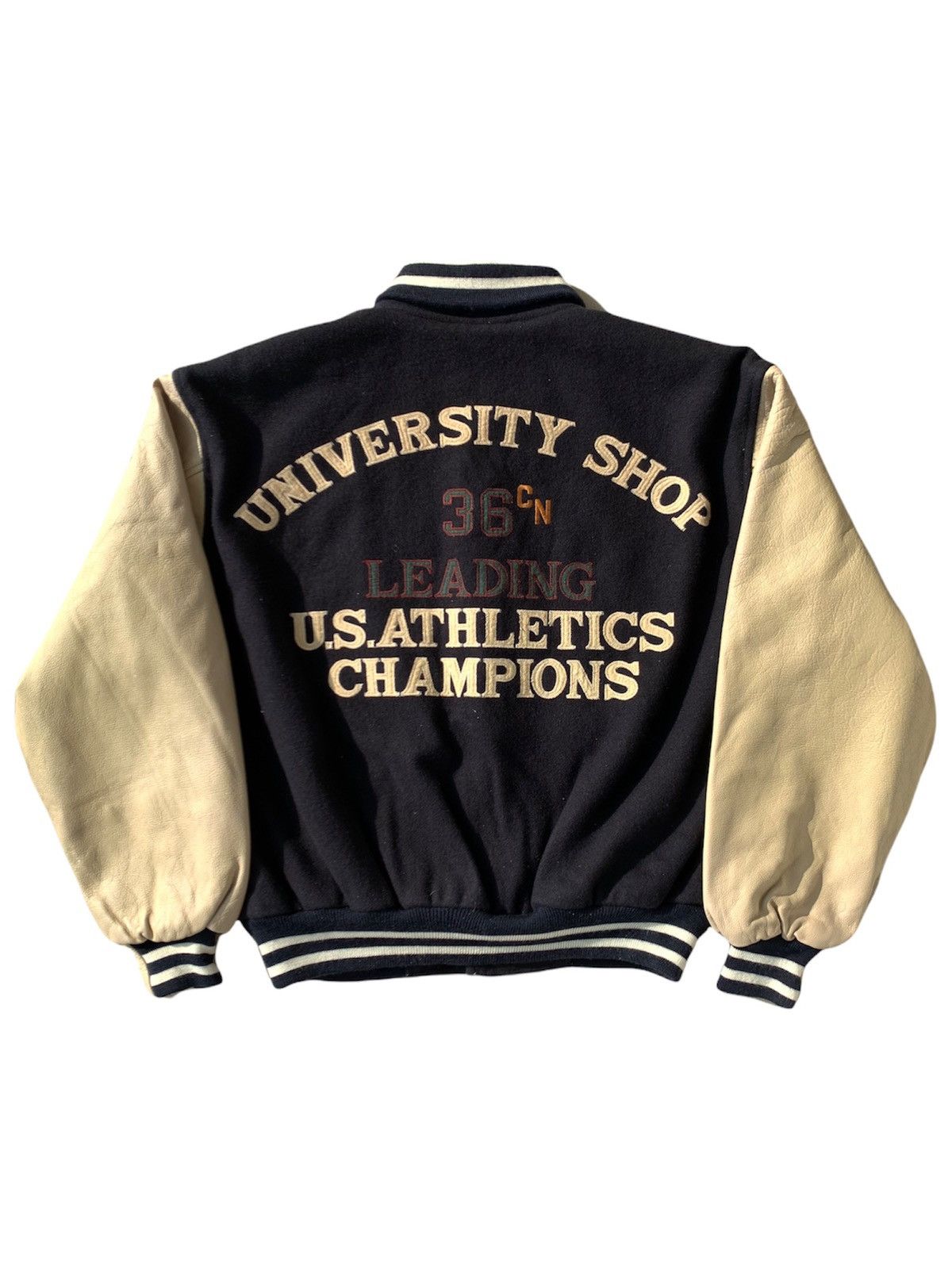 Vintage Vintage University Shop Embroidered Varsity Leather Jacket Size US M / EU 48-50 / 2 - 1 Thumbnail