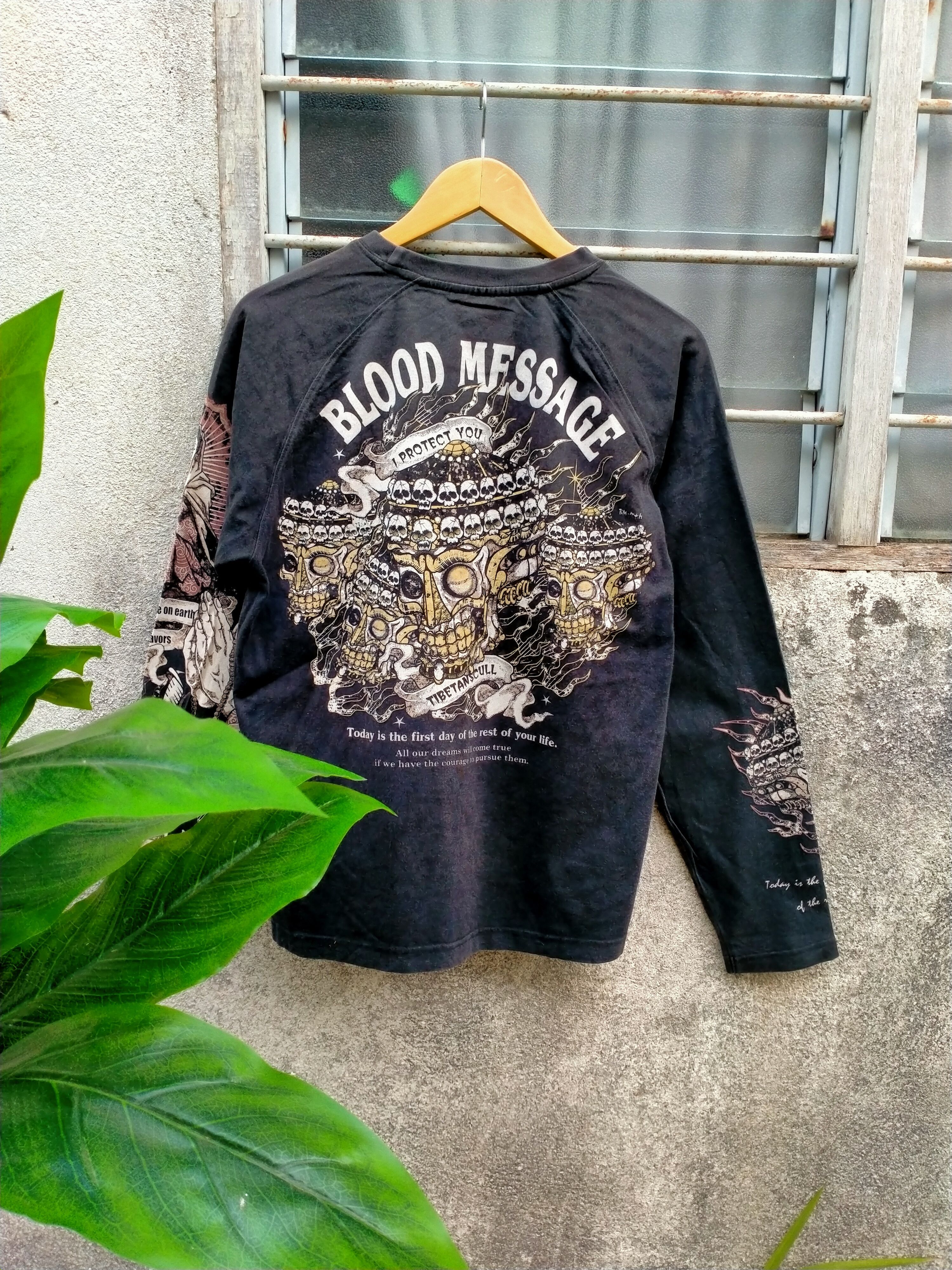 image of Skulls Steals Blood Message Skull Skeleton Long Sleeve in Faded Black, Men's (Size Medium)