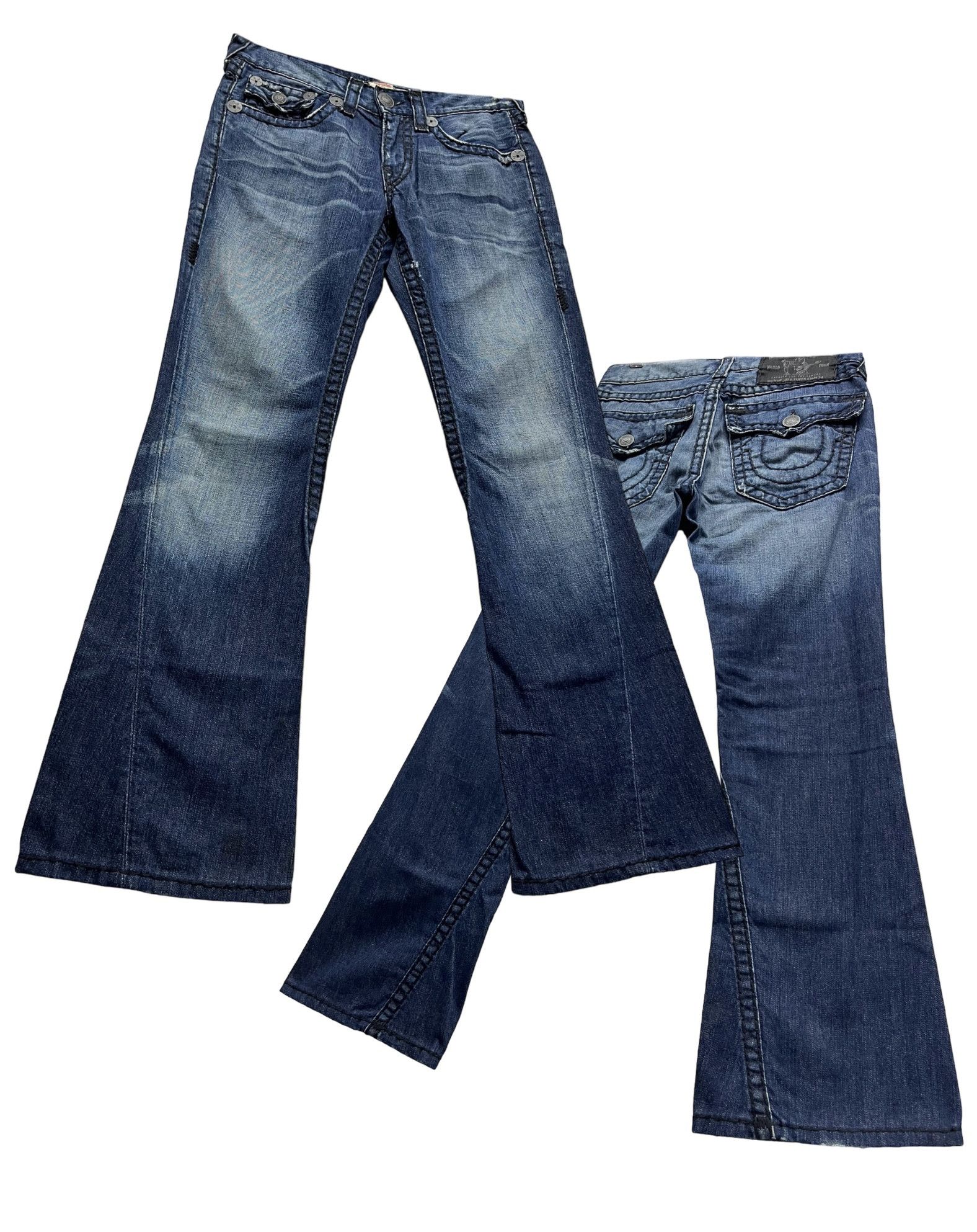 Image of Distressed Denim x True Religion Dopetrue Religion Joey Super T Flare Big Stitch Shashiko in Blue (