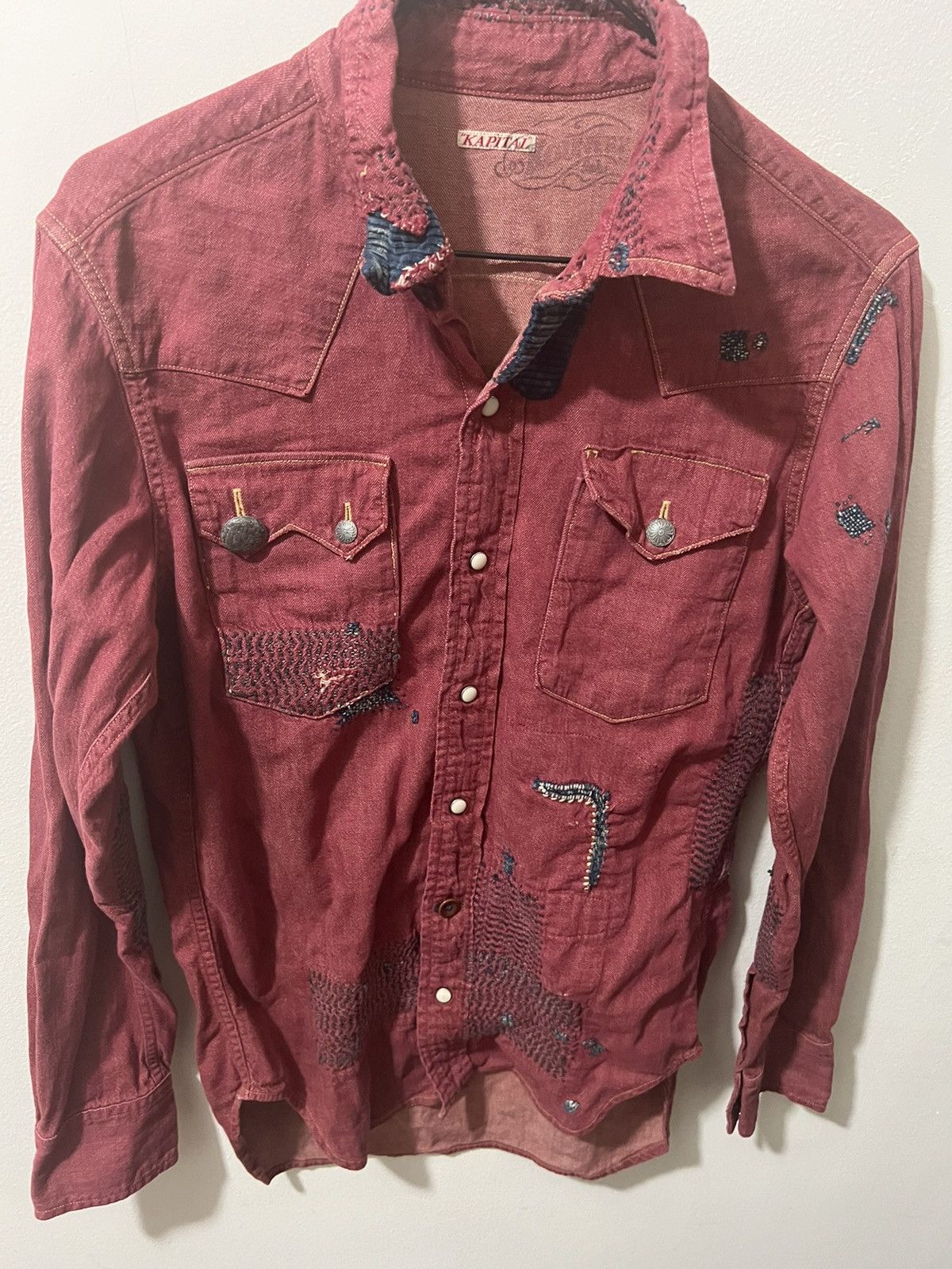 Kapital Kapital burgundy patchwork button-up shirt | Grailed