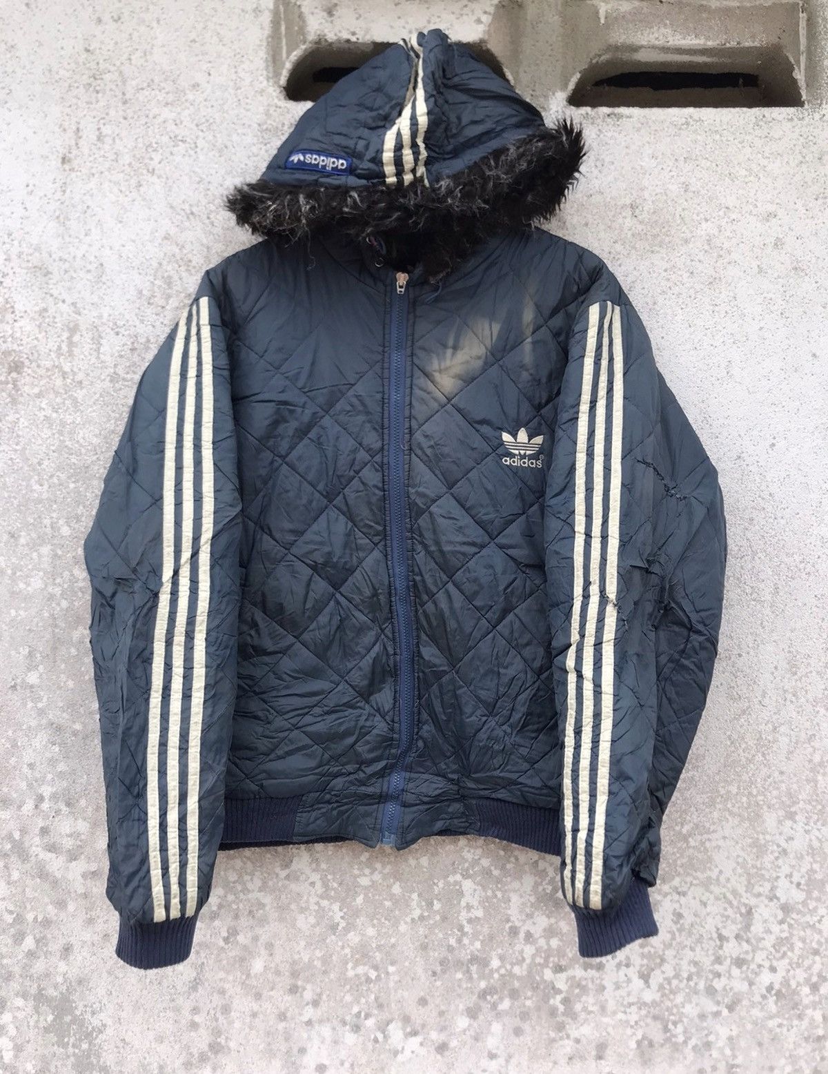 Adidas × Vintage Vintage Thrashed Faded Adidas Quilted Zip Up hoodie Jacket Size US L / EU 52-54 / 3 - 1 Thumbnail