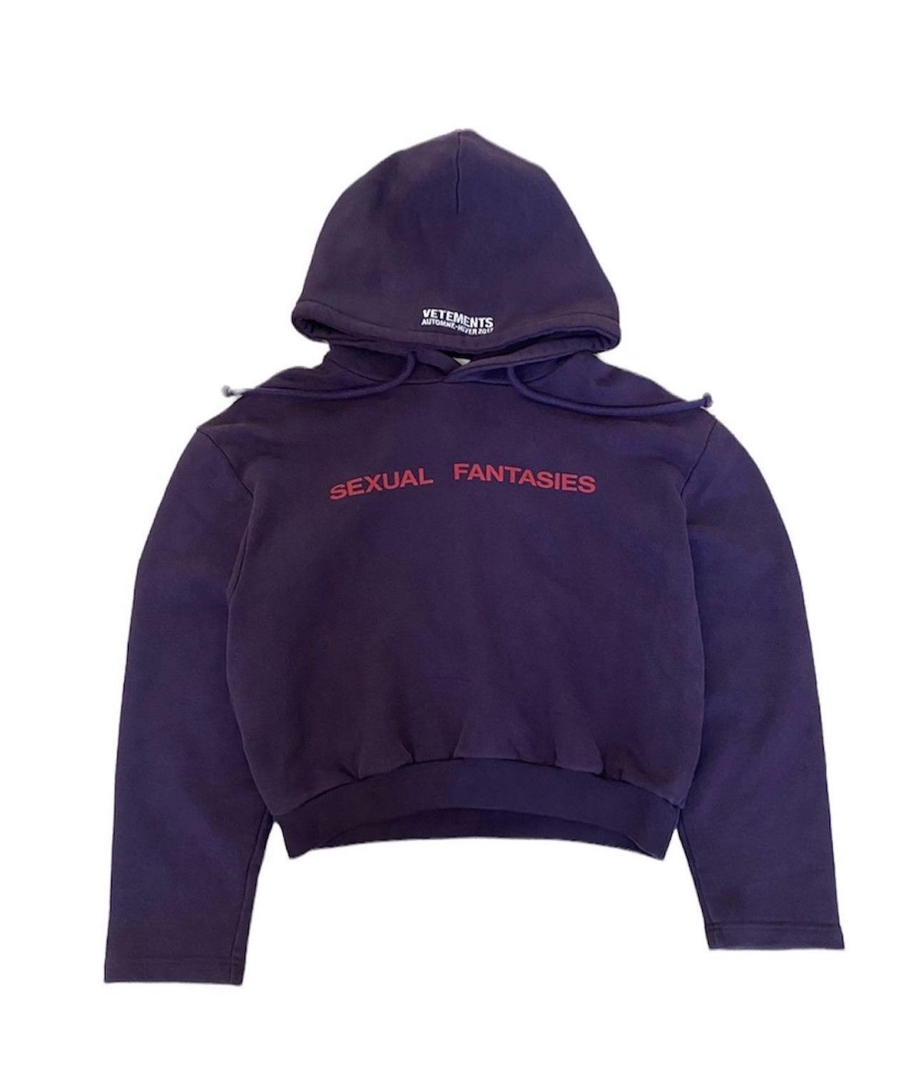 image of Vetements Sexual Fantasies Cropped Hoodie W/ Shoulder Pads in Purple, Men's (Size Medium)