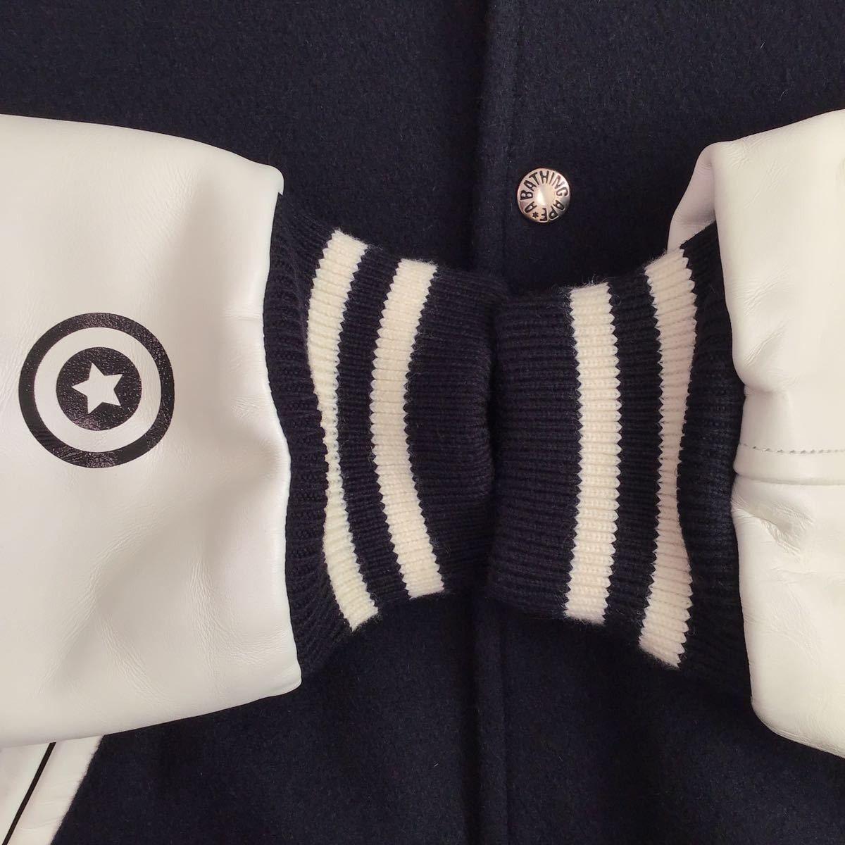 Bape BAPE Cowhide leather Sleeve shark varsity jacket Navy Size US L / EU 52-54 / 3 - 7 Thumbnail