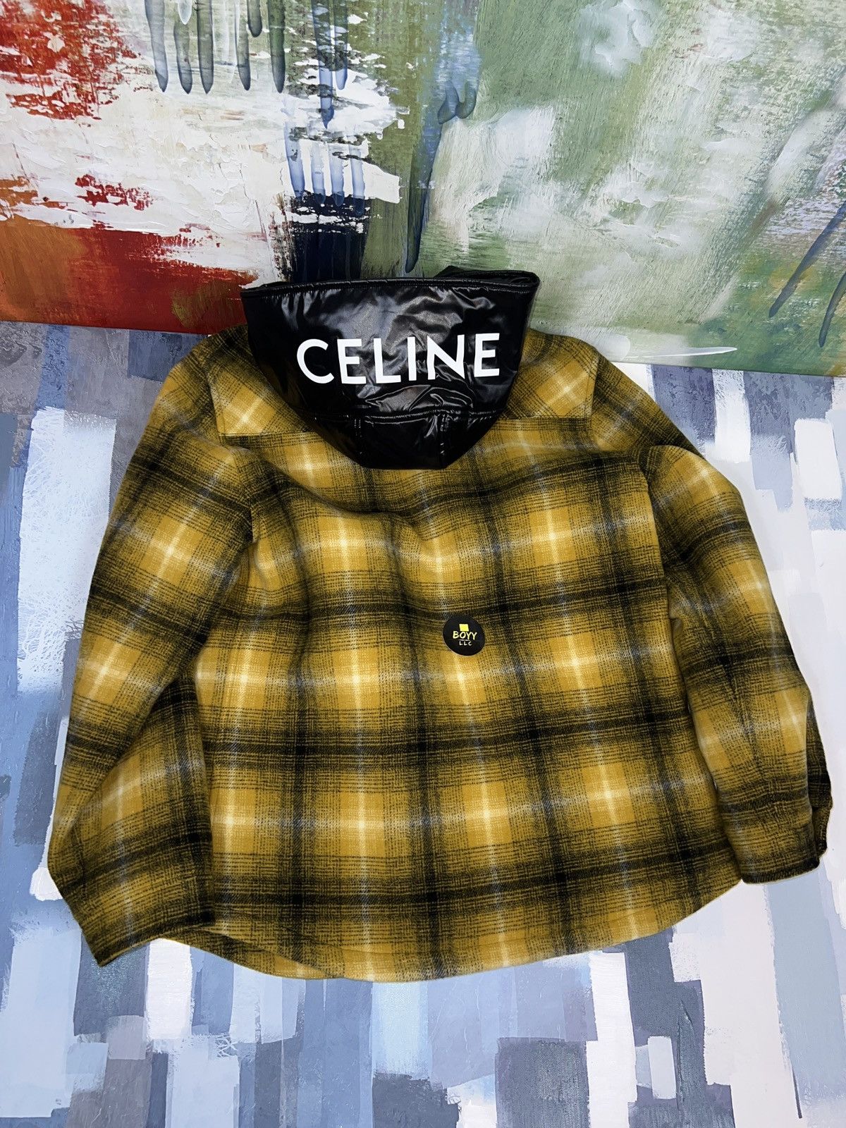 image of Celine Logo Hood Flannel Hooded Jacket Size 50 in Yellow, Men's