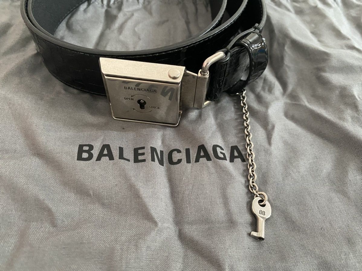 image of Balenciaga Crocodile Embossed Lock Belt in Black, Men's (Size 30)
