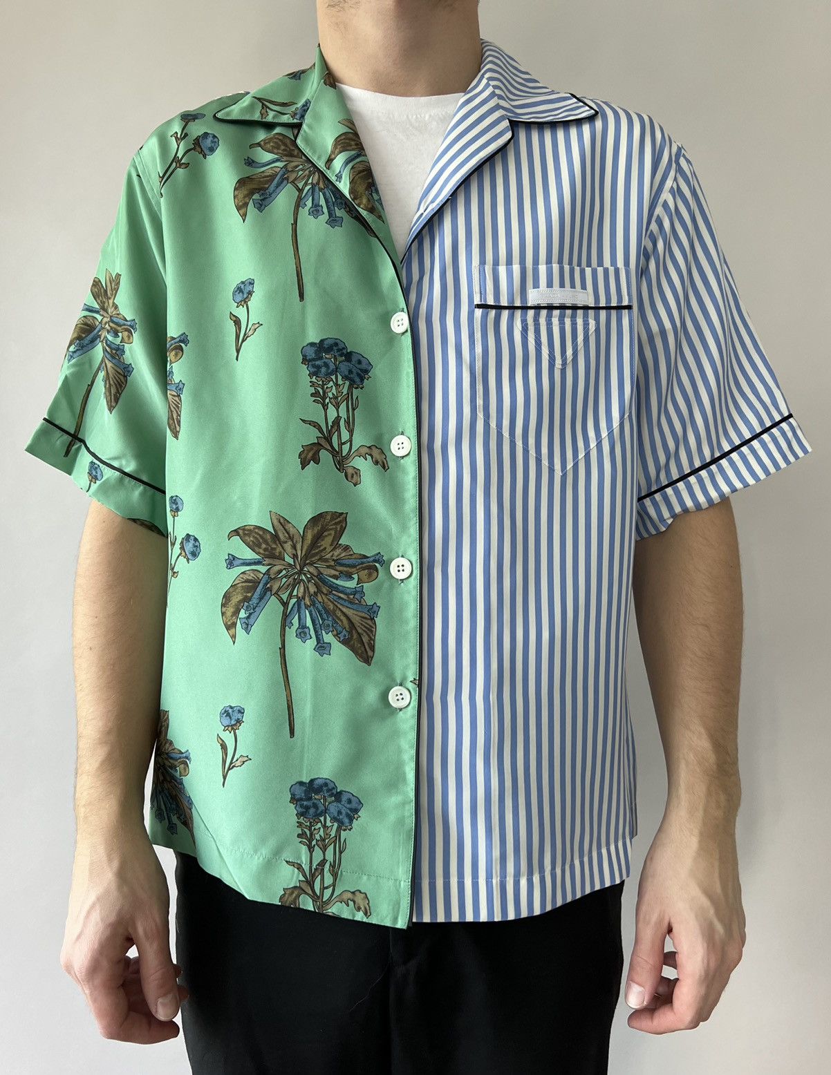 image of Prada Double Match Silk Shirt in Blue/Green, Men's (Size Medium)