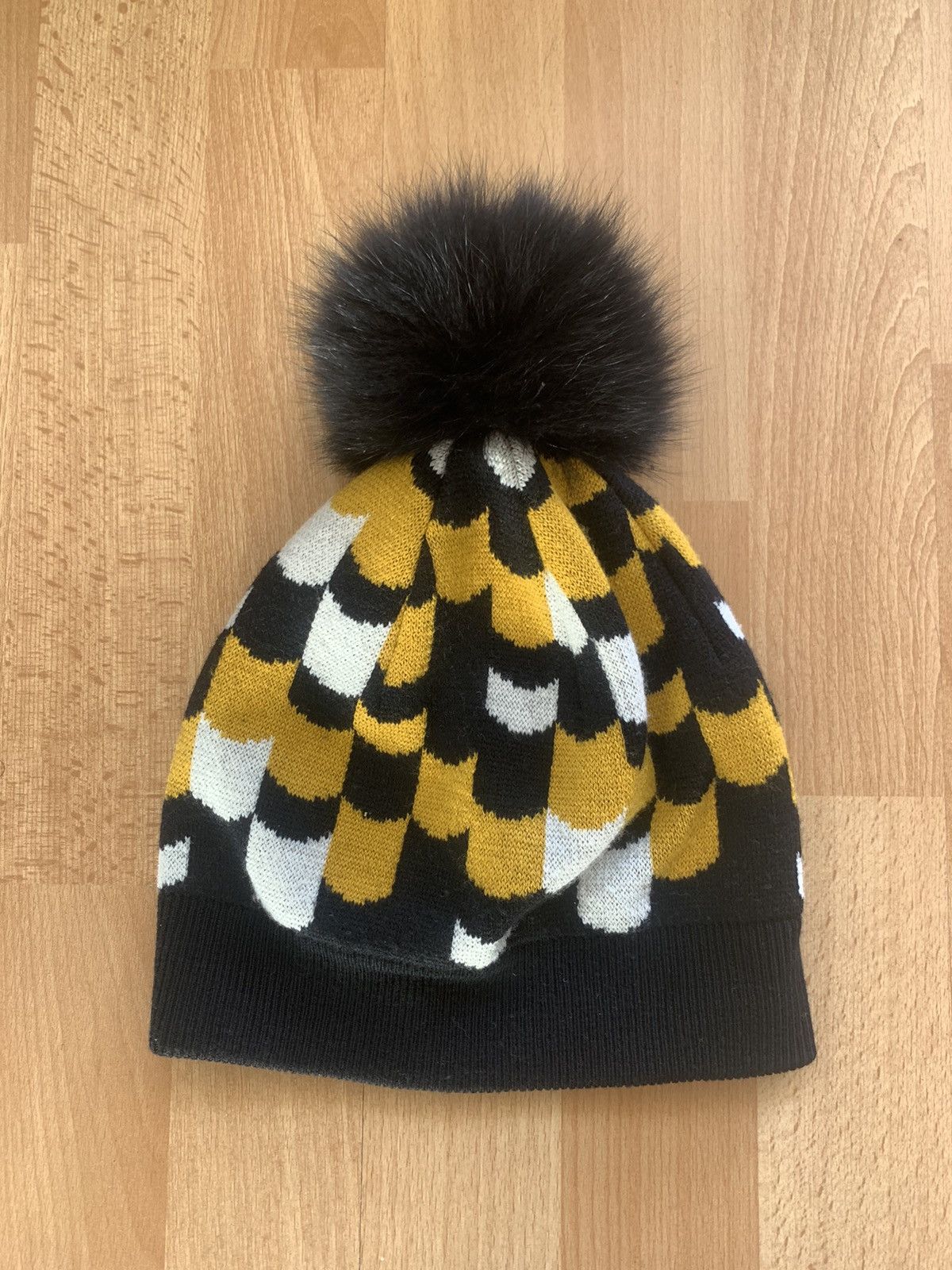 image of Prada Block Pattern Fur Hat in Black, Men's